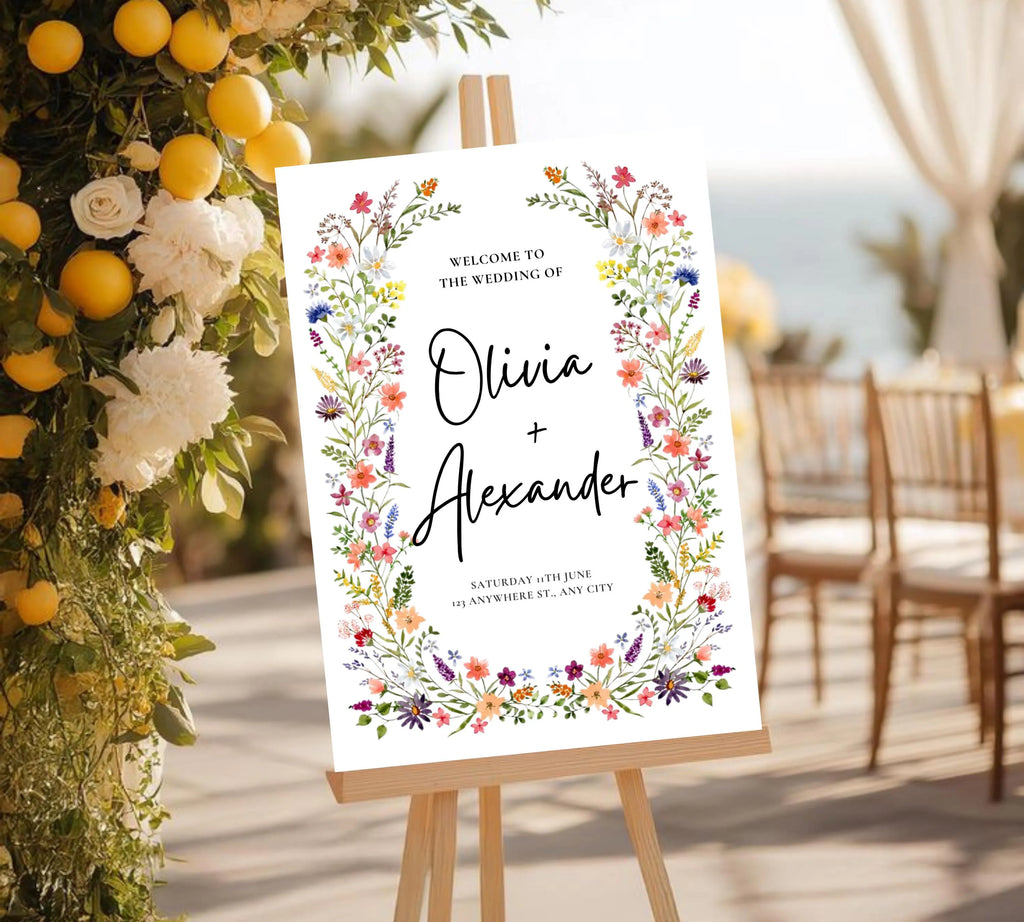 Spring Garden Wedding Welcome Sign Template, Pastel Floral Love is in Bloom Wedding Decor, Summer Wildflower Bouquet, Instant Download
