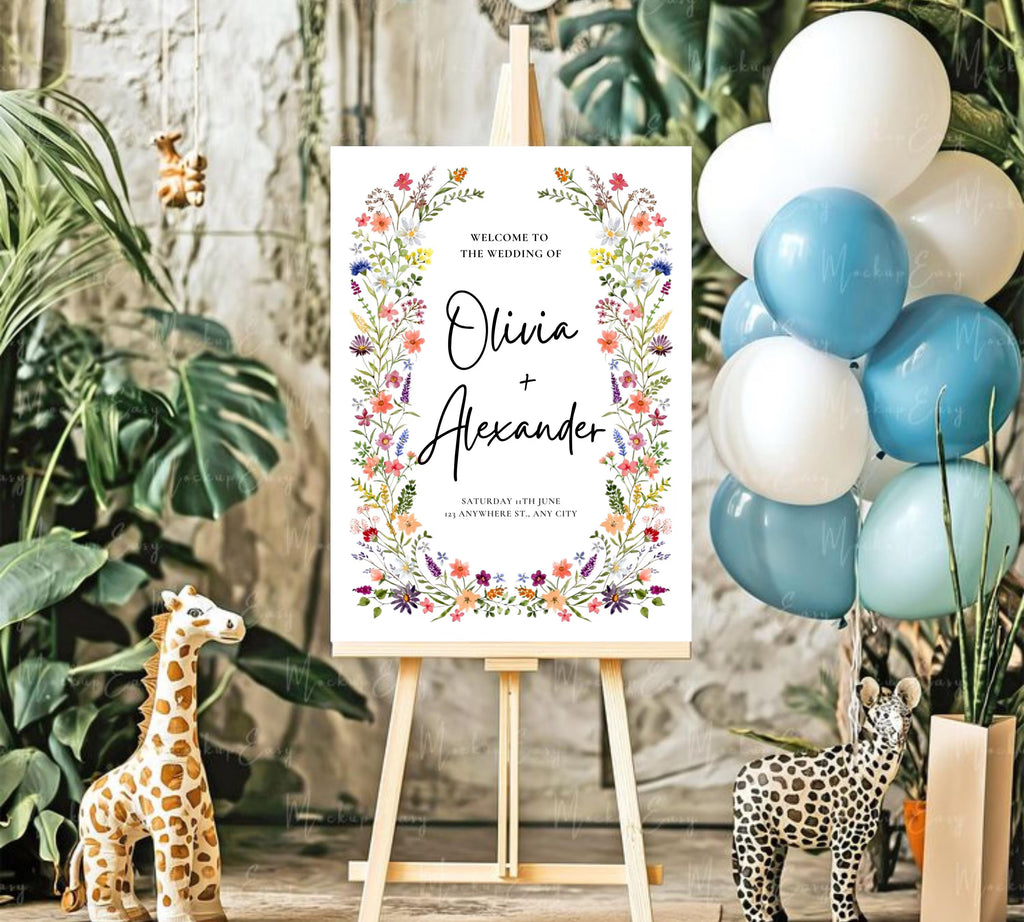 Spring Garden Wedding Welcome Sign Template, Pastel Floral Love is in Bloom Wedding Decor, Summer Wildflower Bouquet, Instant Download