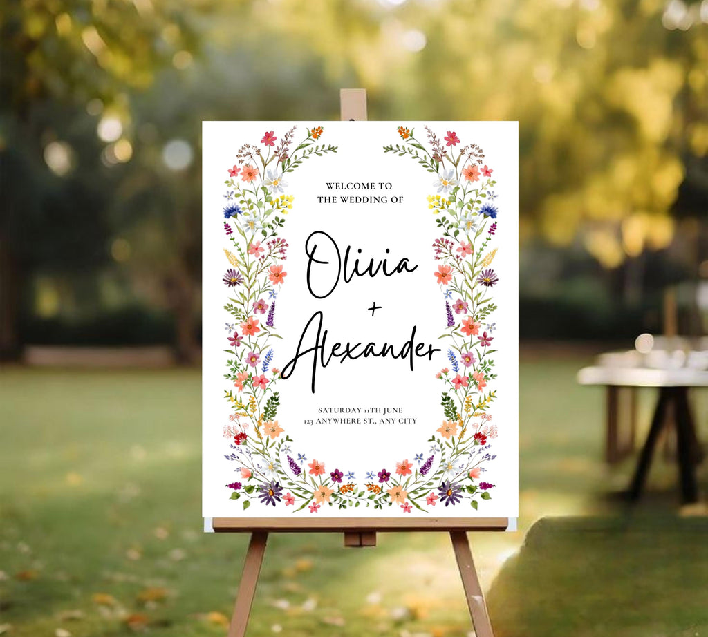 Spring Garden Wedding Welcome Sign Template, Pastel Floral Love is in Bloom Wedding Decor, Summer Wildflower Bouquet, Instant Download