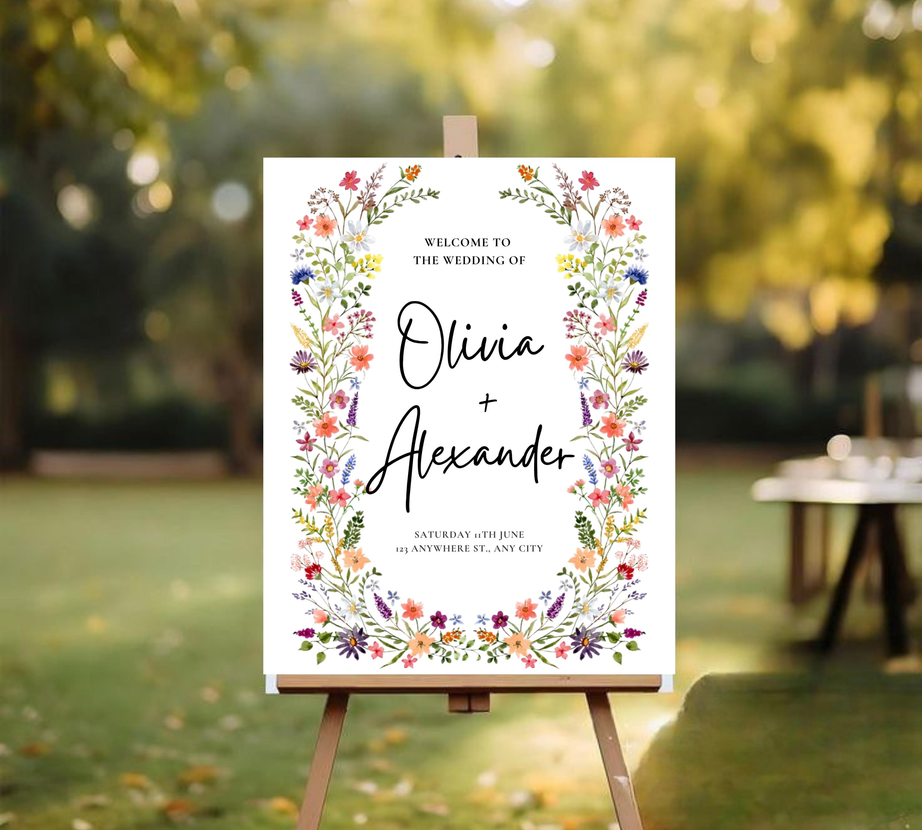 Spring Garden Wedding Welcome Sign Template, Pastel Floral Love is in Bloom Wedding Decor, Summer Wildflower Bouquet, Instant Download