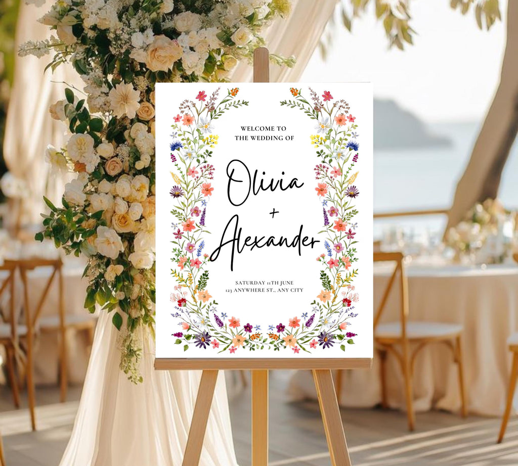 Spring Garden Wedding Welcome Sign Template, Pastel Floral Love is in Bloom Wedding Decor, Summer Wildflower Bouquet, Instant Download