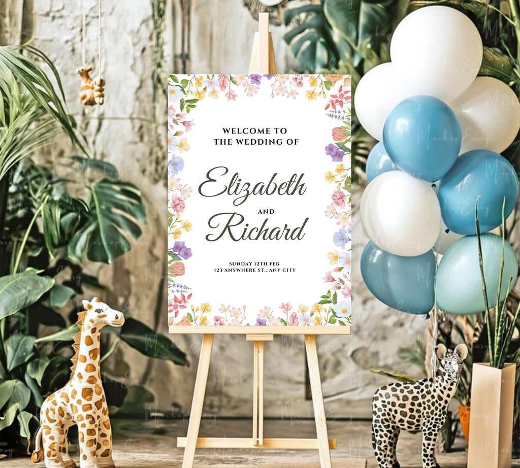 Editable Wildflower Wedding Welcome Sign, Colorful Floral Wedding Garden Party Sign, Rustic Wildflowers Welcome Template, Instant Download
