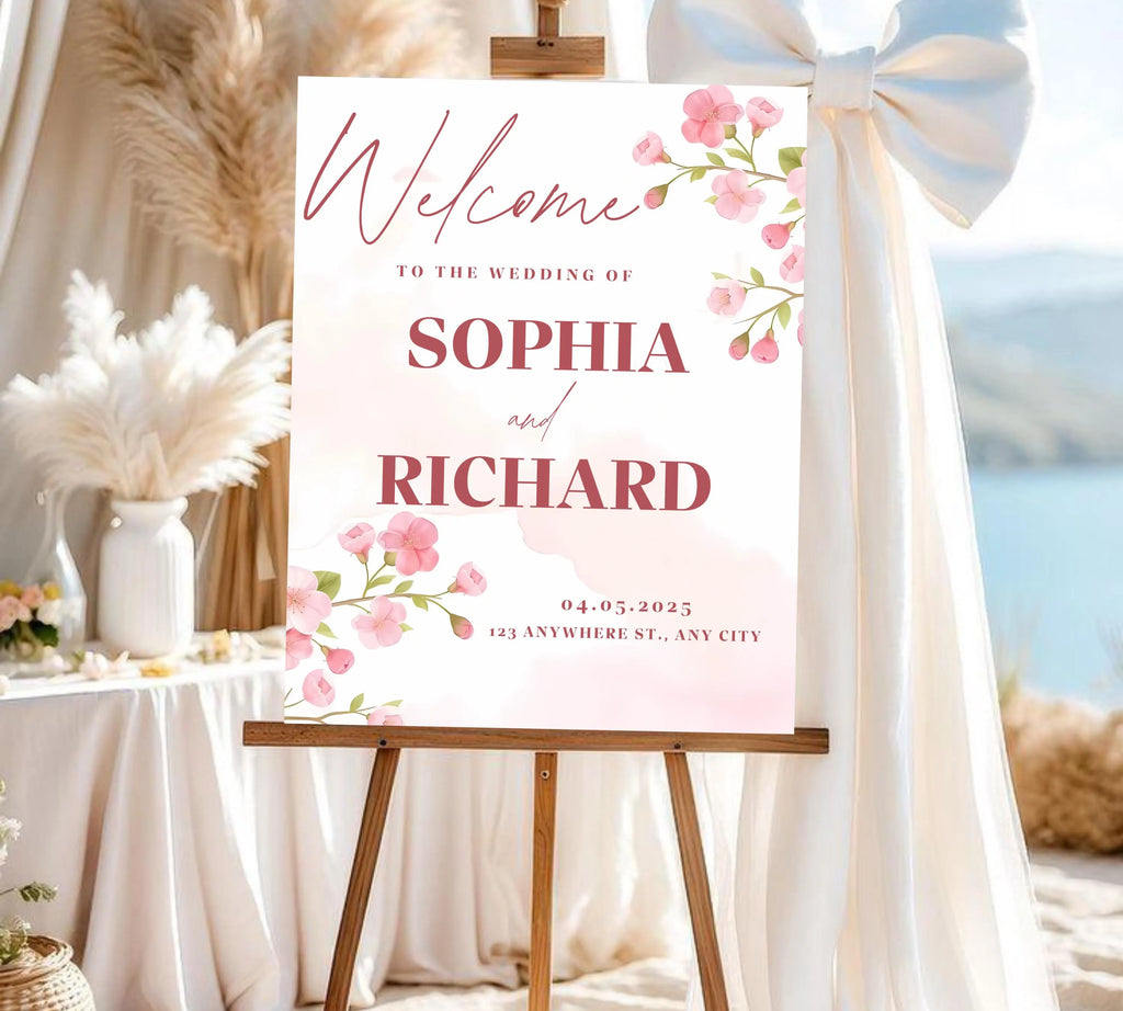 Editable Cherry Blossom Wedding Welcome Sign, Pink Floral Welcome Sign Template, Spring Wedding Reception Sign, Canva Instant Download