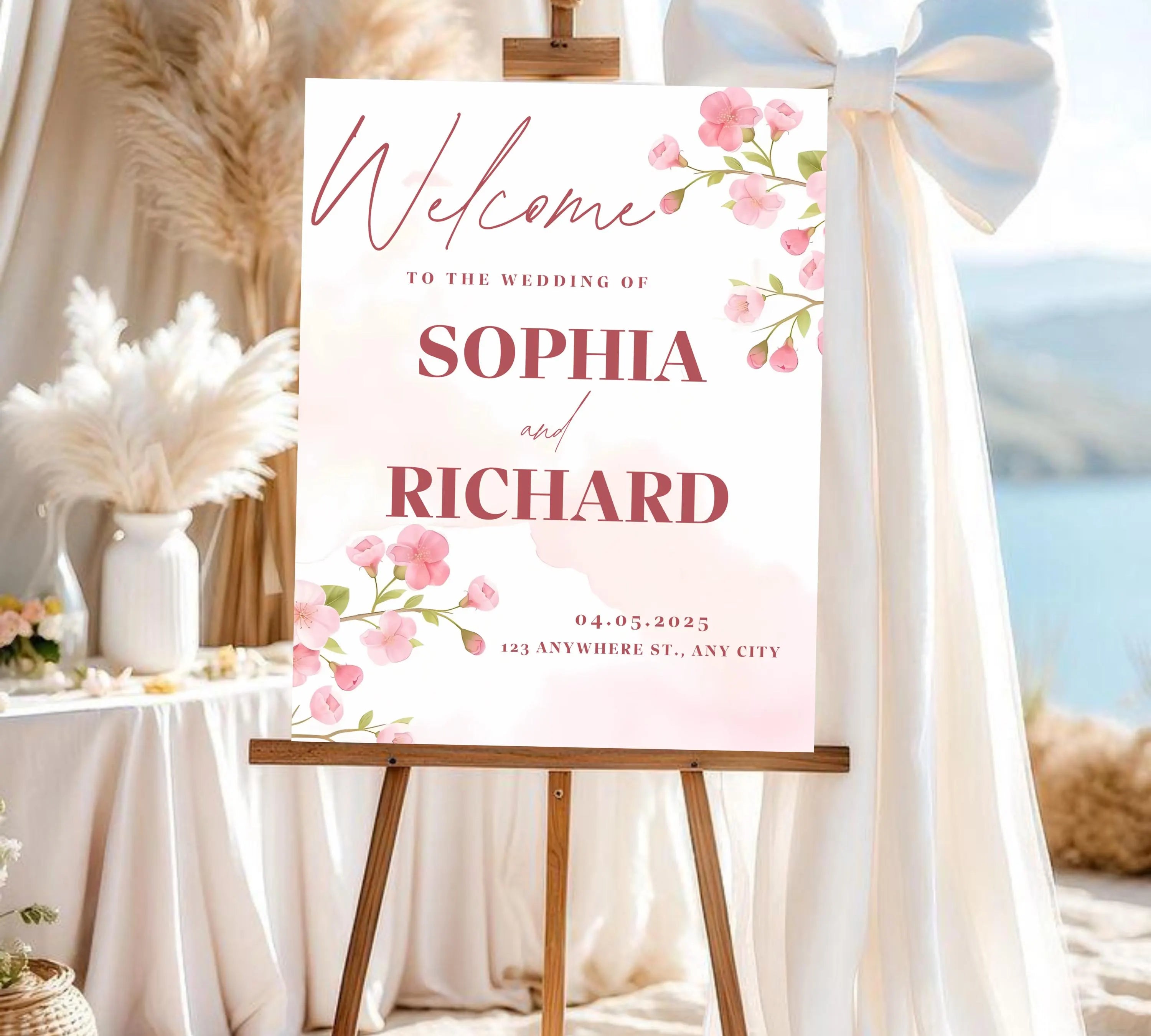Editable Cherry Blossom Wedding Welcome Sign, Pink Floral Welcome Sign Template, Spring Wedding Reception Sign, Canva Instant Download
