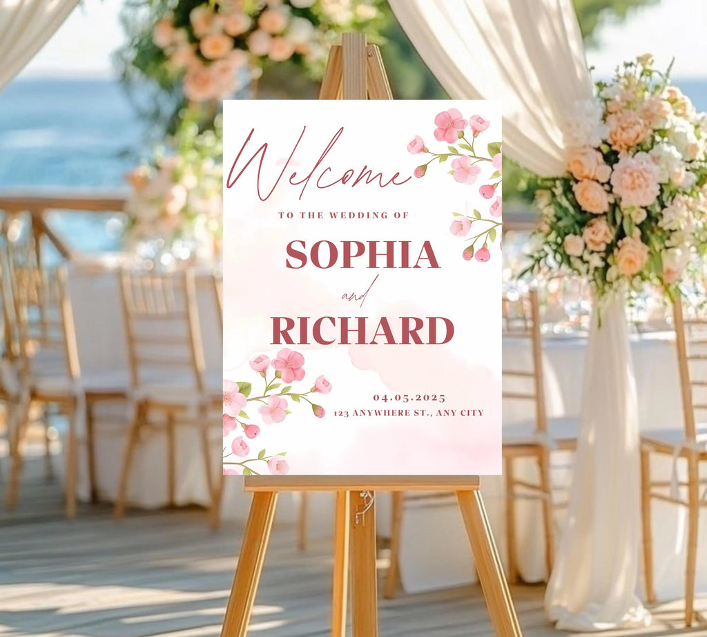 Editable Cherry Blossom Wedding Welcome Sign, Pink Floral Welcome Sign Template, Spring Wedding Reception Sign, Canva Instant Download