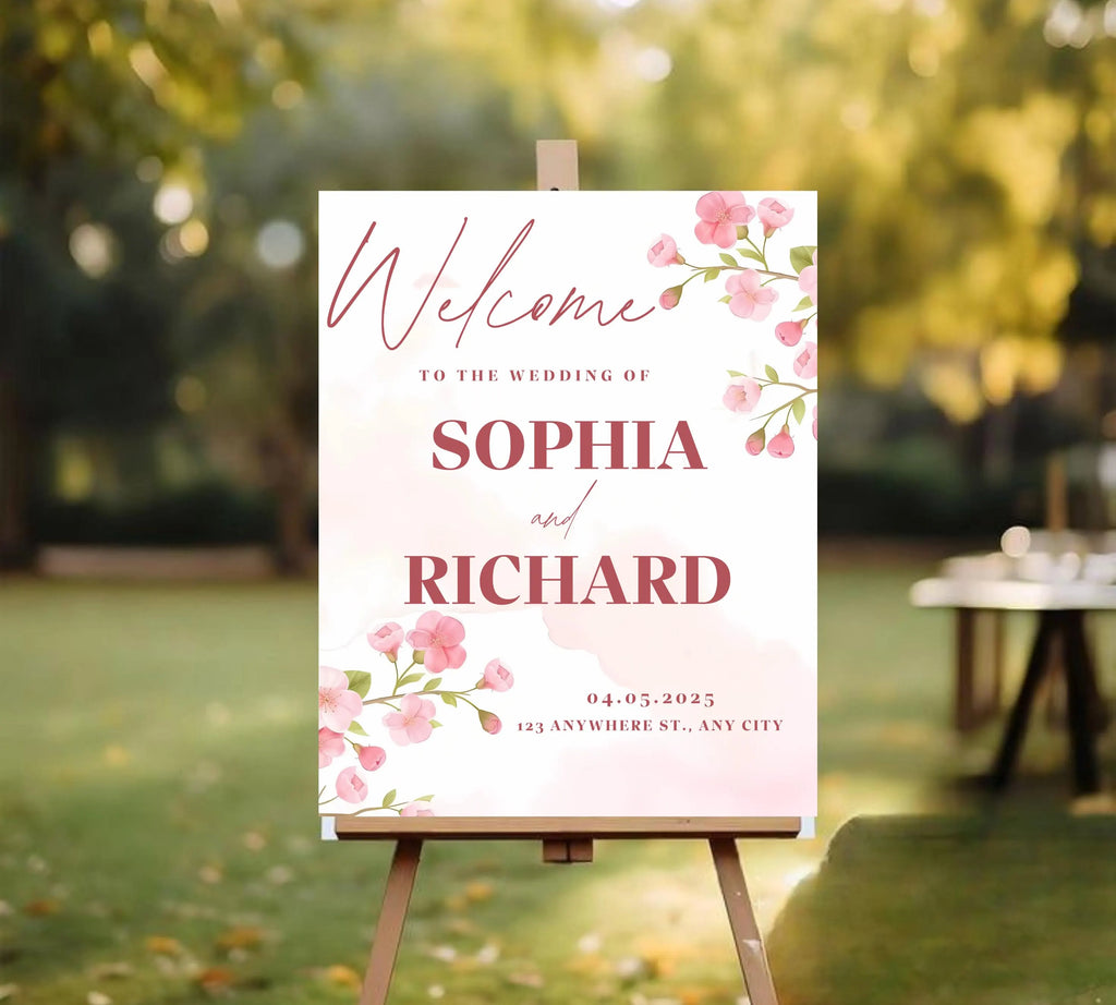 Editable Cherry Blossom Wedding Welcome Sign, Pink Floral Welcome Sign Template, Spring Wedding Reception Sign, Canva Instant Download