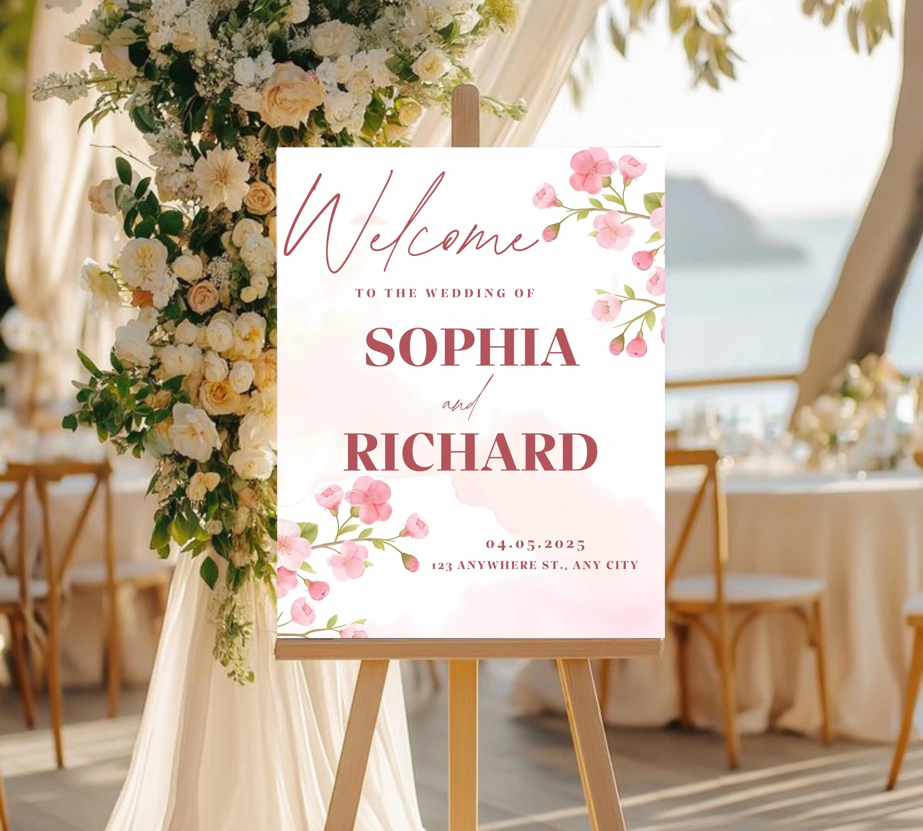 Editable Cherry Blossom Wedding Welcome Sign, Pink Floral Welcome Sign Template, Spring Wedding Reception Sign, Canva Instant Download