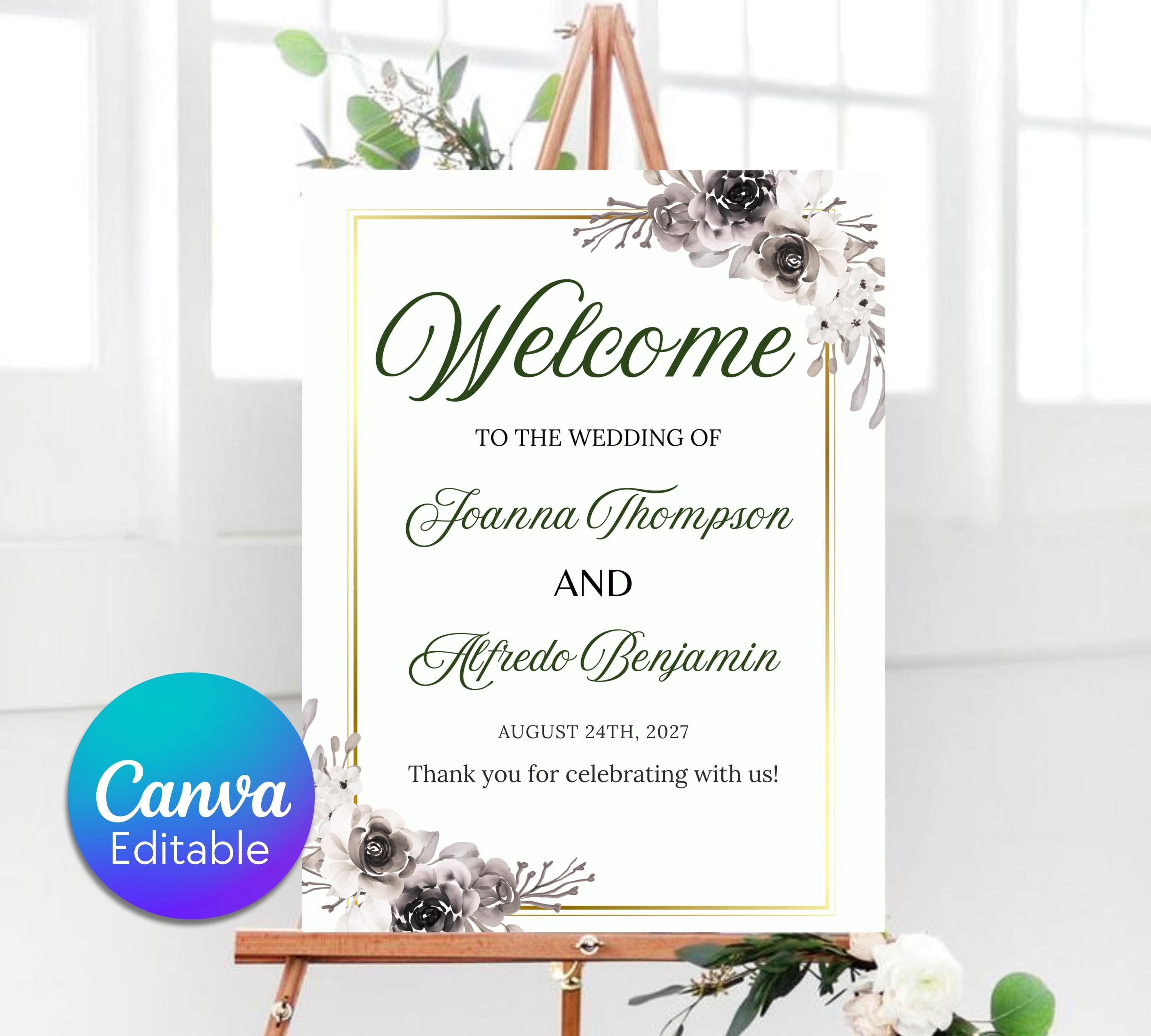 Modern Floral Wedding welcome sign, Wedding Welcome Sign, Flower Wedding Sign Template, Wedding Sign Flower Wedding, Instant Download