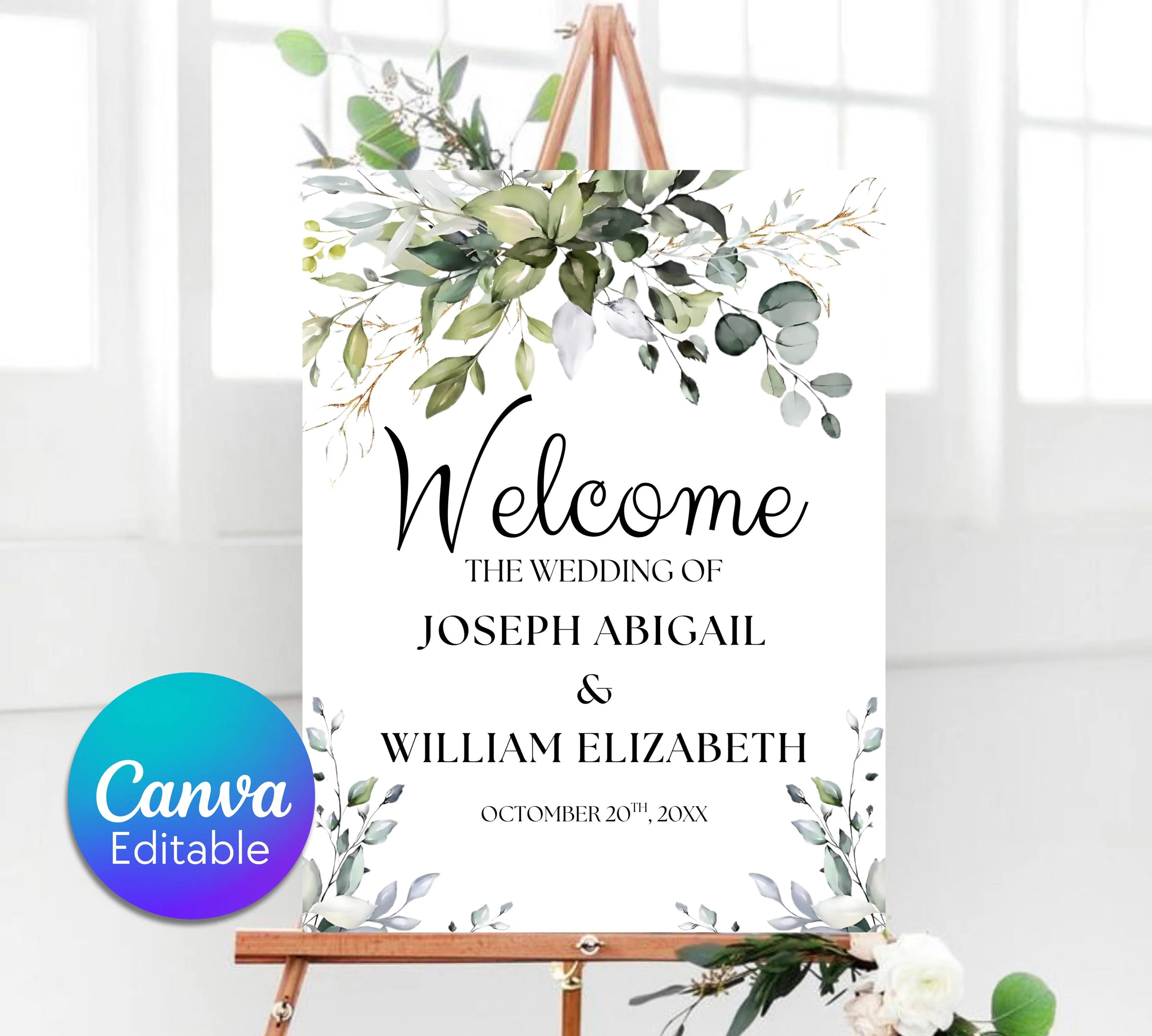 Editable Wedding Welcome Sign, Wedding sign, Greenery Wedding Decor, Greenery Welcome Sign, Wedding Decorations, Eucalyptus Wedding Sign