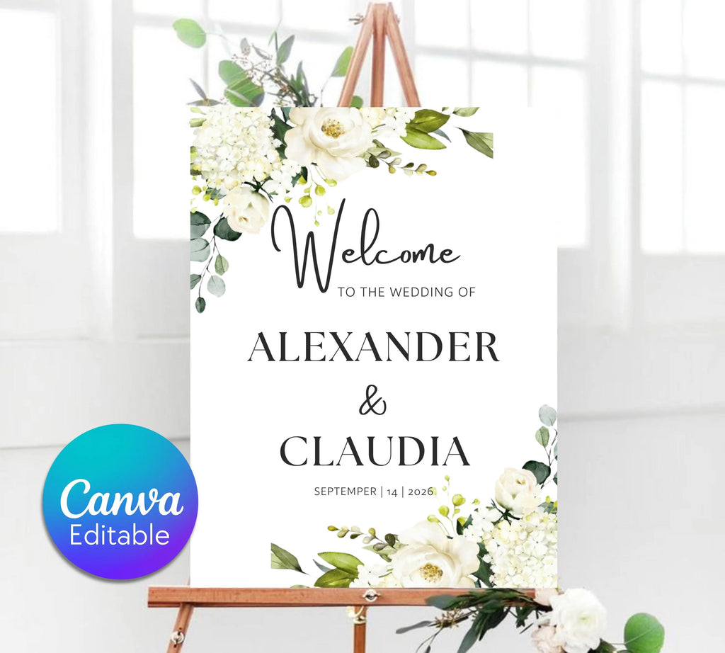 White Floral Wedding Welcome Sign Template, Editable Welcome Wedding Sign, Printable Wedding Sign, White Flowers, Instant Download signage
