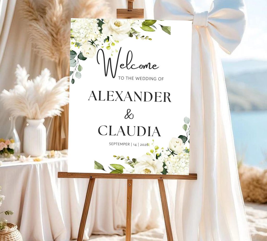 White Floral Wedding Welcome Sign Template, Editable Welcome Wedding Sign, Printable Wedding Sign, White Flowers, Instant Download signage