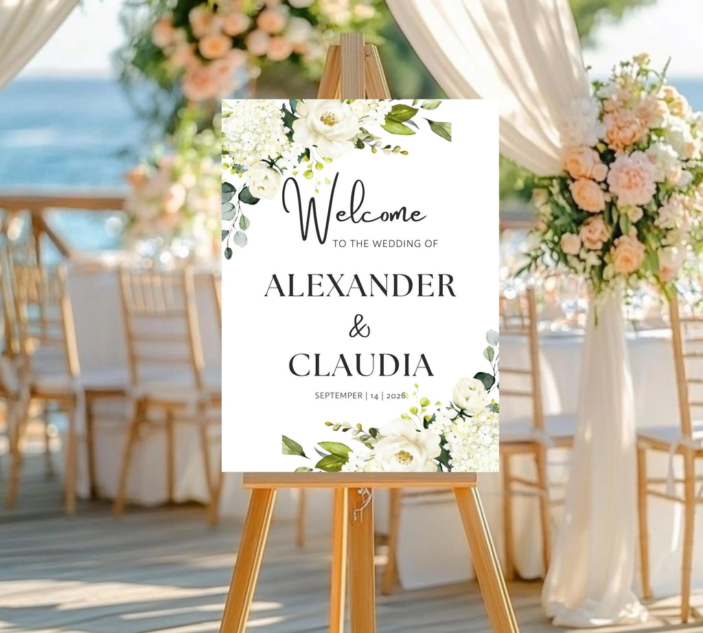 White Floral Wedding Welcome Sign Template, Editable Welcome Wedding Sign, Printable Wedding Sign, White Flowers, Instant Download signage