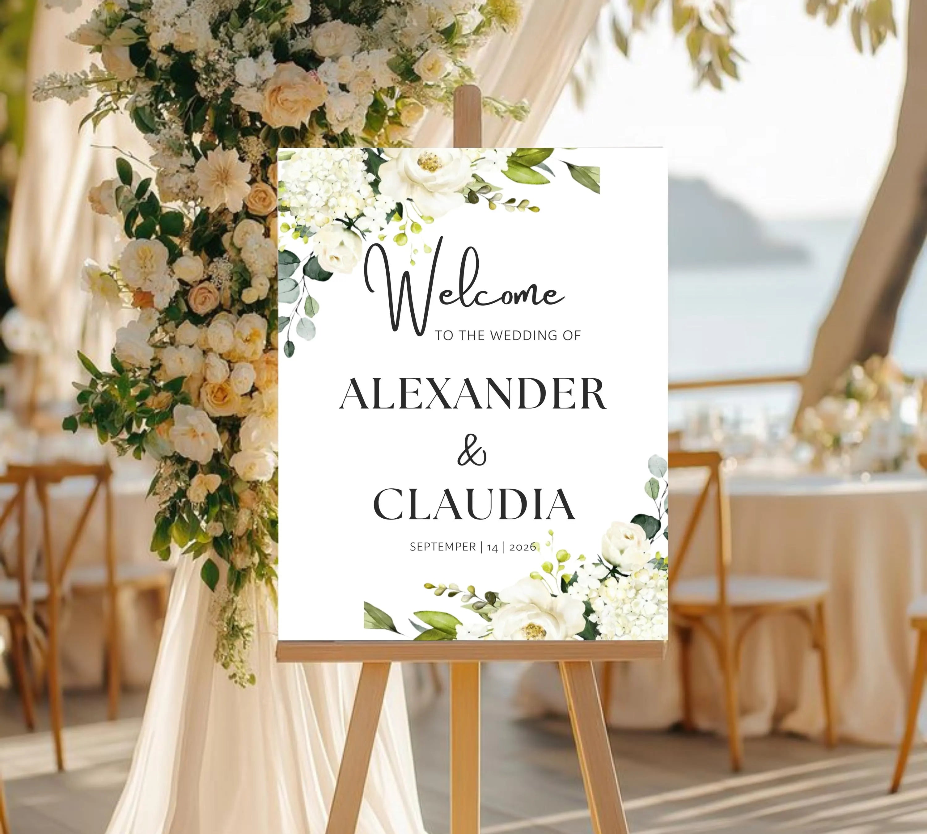 White Floral Wedding Welcome Sign Template, Editable Welcome Wedding Sign, Printable Wedding Sign, White Flowers, Instant Download signage