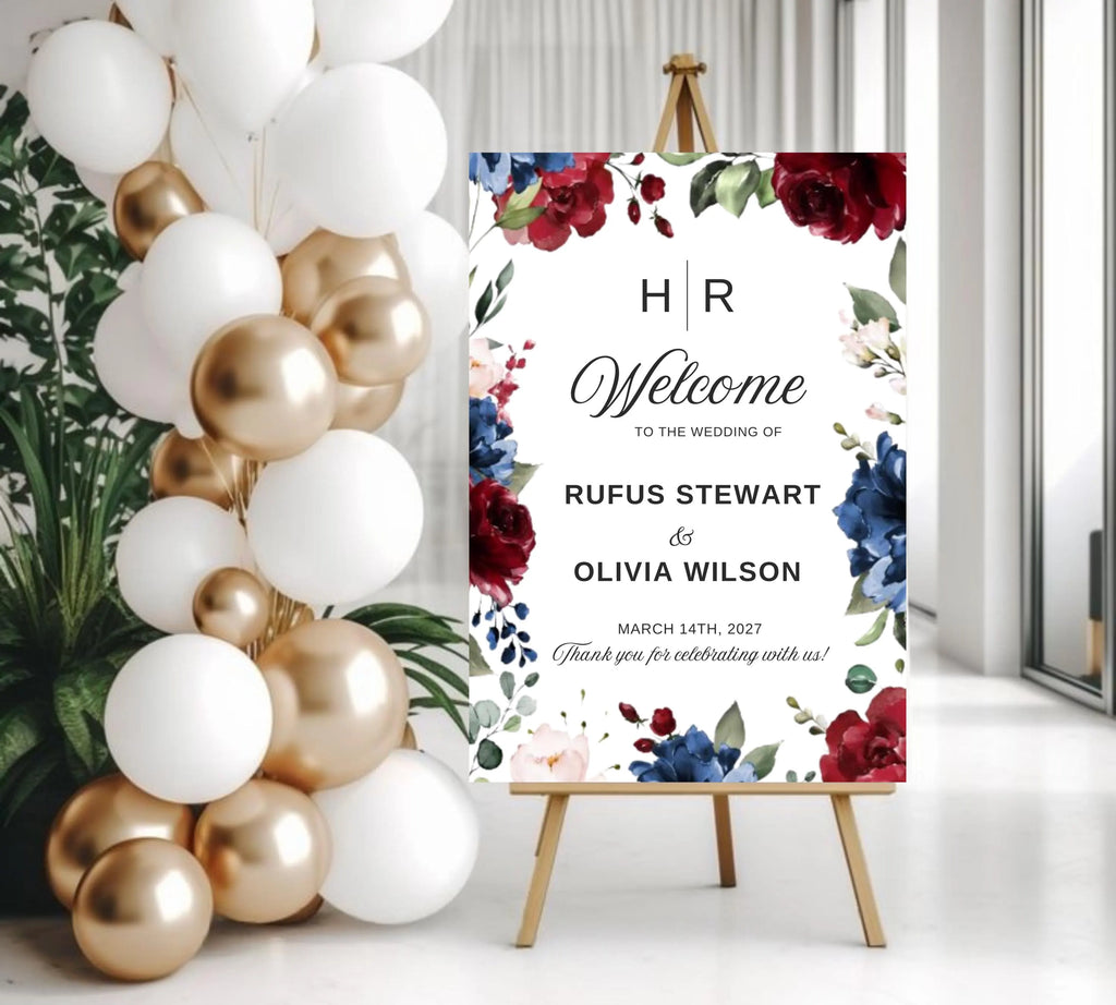 Burgundy and Navy Blue Wedding Welcome Sign Template, Floral Sign Template, Deep Red Wedding Welcome Sign, Decor Display Digital Download