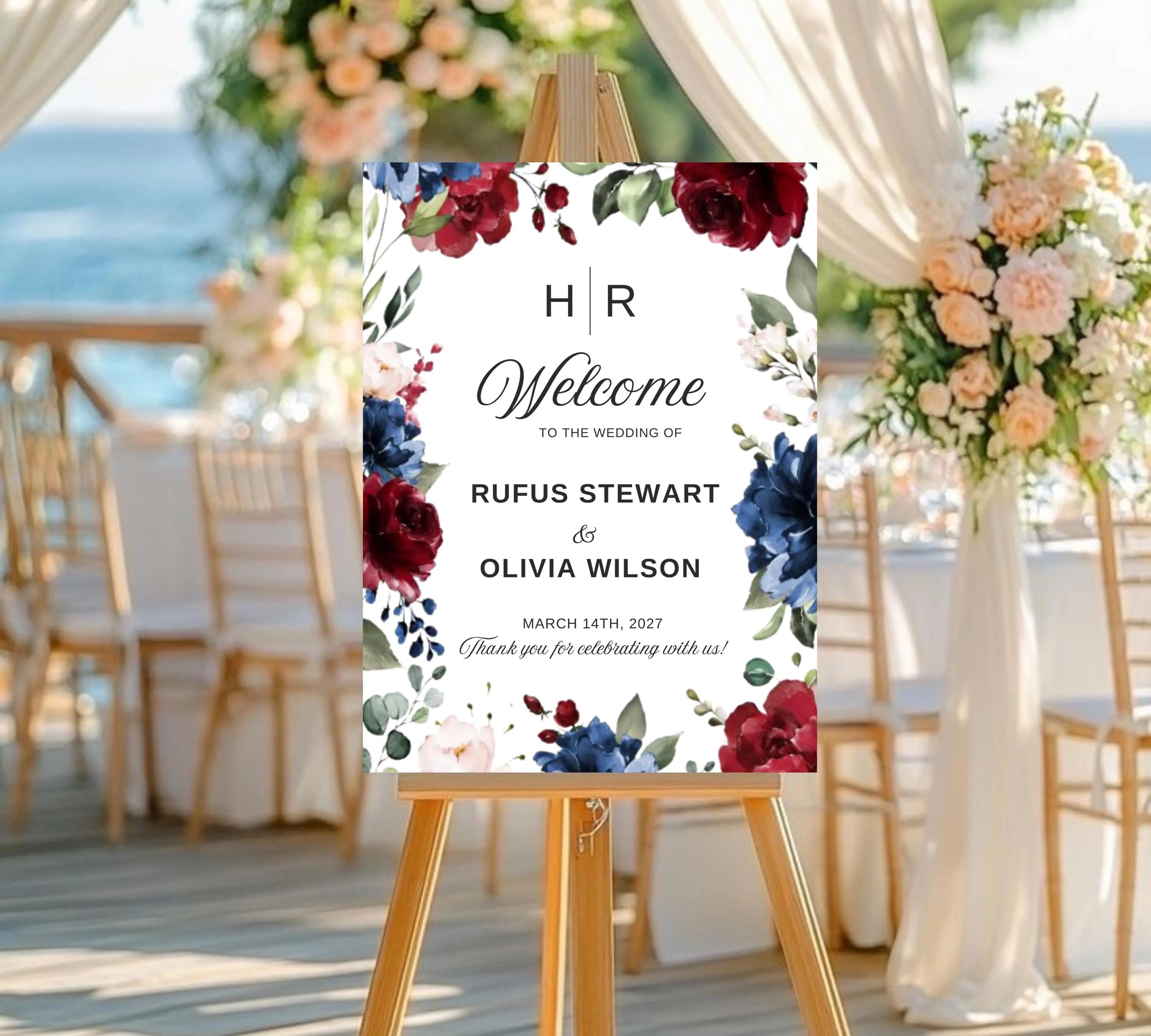 Burgundy and Navy Blue Wedding Welcome Sign Template, Floral Sign Template, Deep Red Wedding Welcome Sign, Decor Display Digital Download