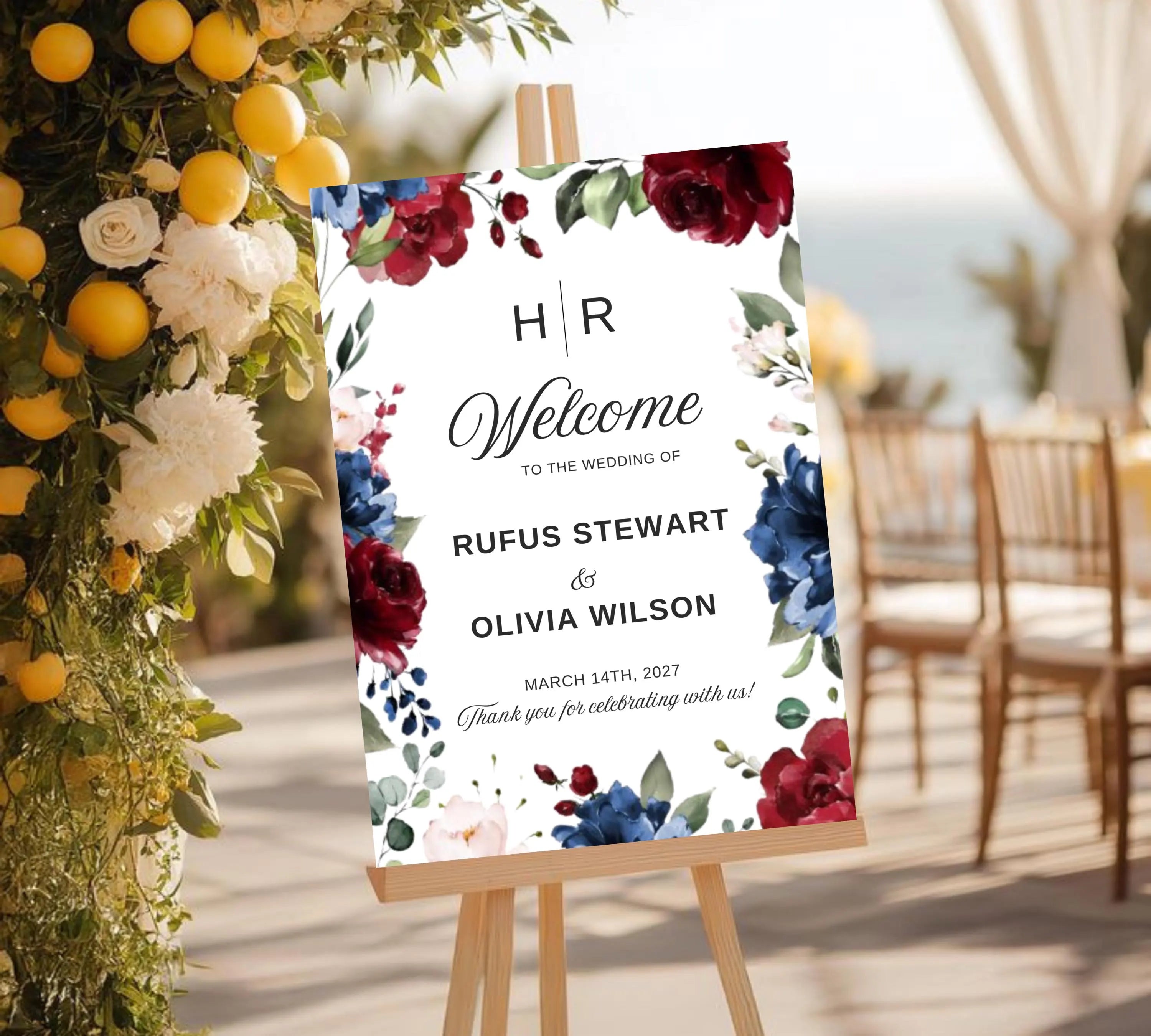 Burgundy and Navy Blue Wedding Welcome Sign Template, Floral Sign Template, Deep Red Wedding Welcome Sign, Decor Display Digital Download