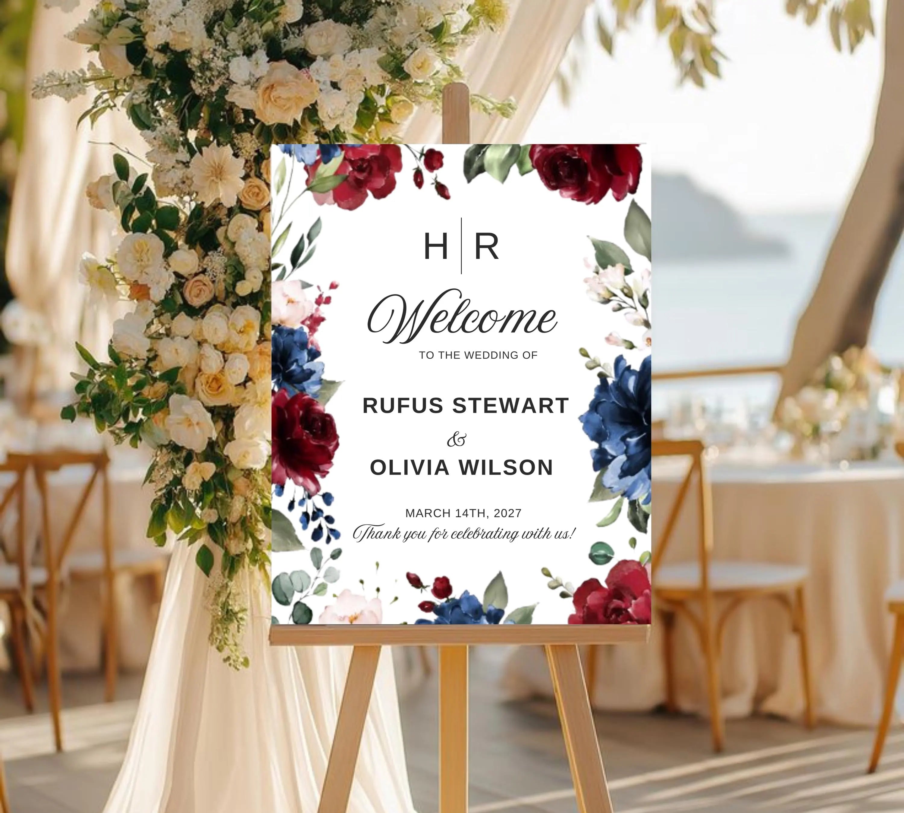 Burgundy and Navy Blue Wedding Welcome Sign Template, Floral Sign Template, Deep Red Wedding Welcome Sign, Decor Display Digital Download
