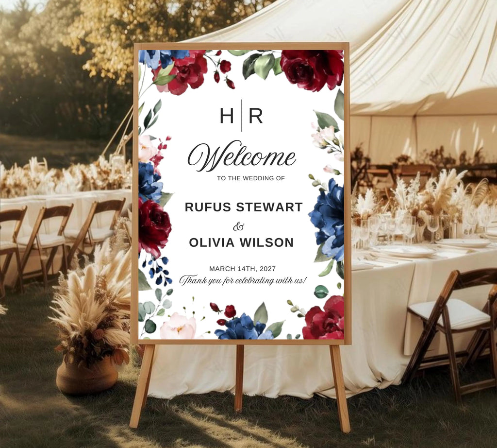 Burgundy and Navy Blue Wedding Welcome Sign Template, Floral Sign Template, Deep Red Wedding Welcome Sign, Decor Display Digital Download