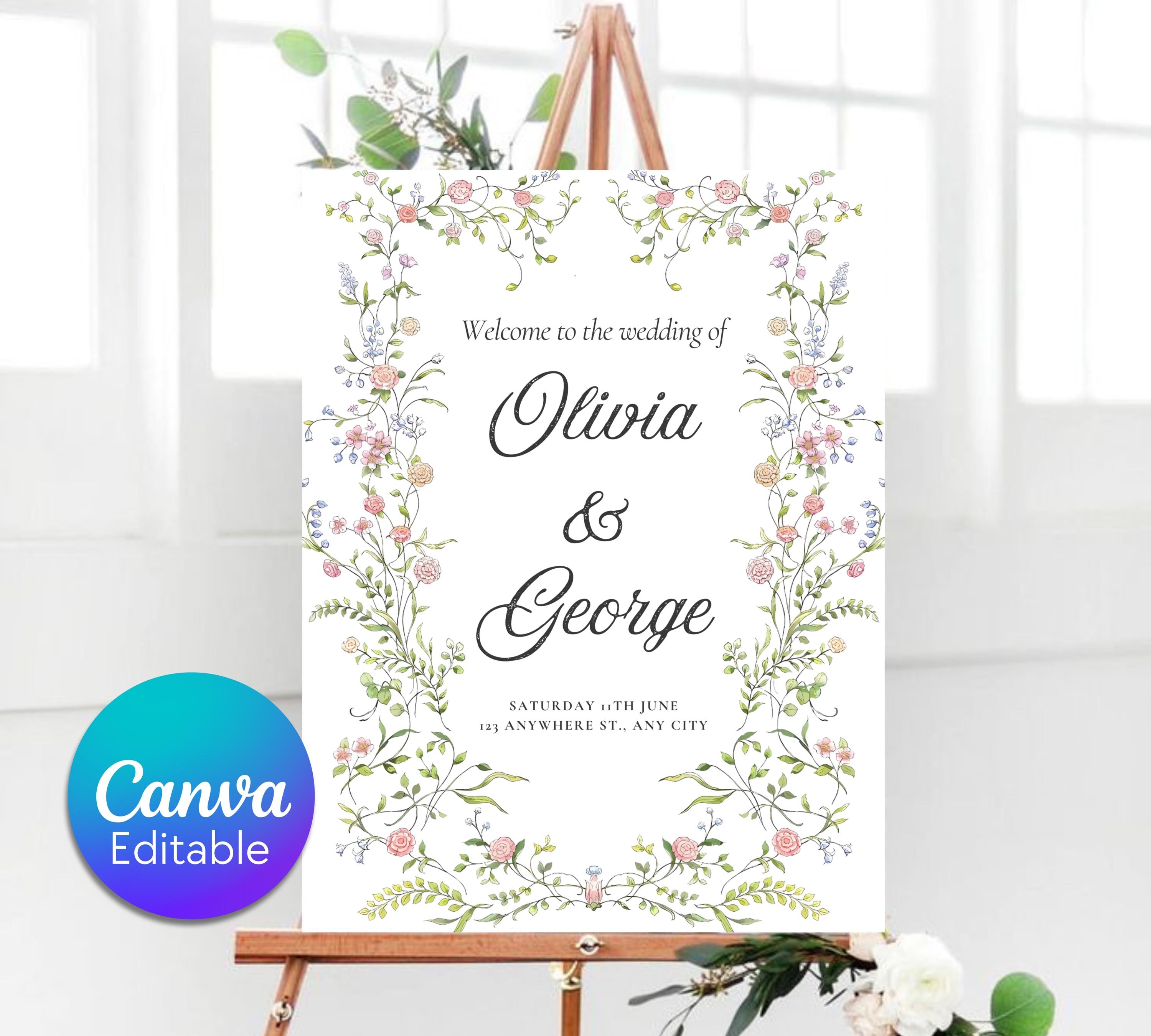 Pastel Floral welcome Sign Garden Wedding sign, whimsical botanical wedding party welcome poster, Vintage Cottagecore wedding decor