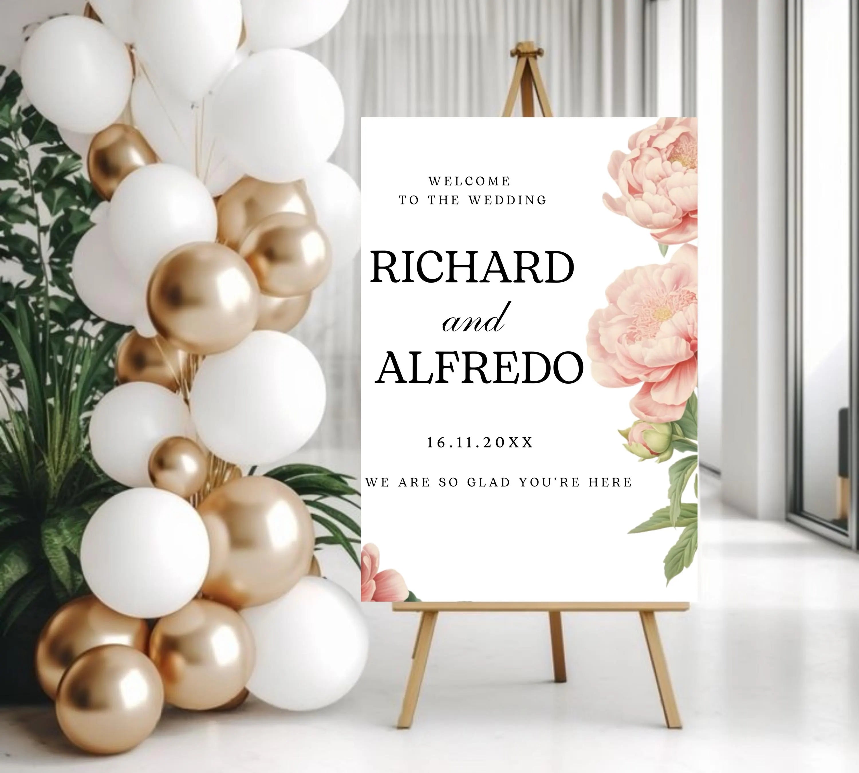 Editable Peony Wedding Welcome Sign Template, Pink Welcome Poster, Printable Peonies Wedding Welcome Board, Welcome Wedding Sign Download