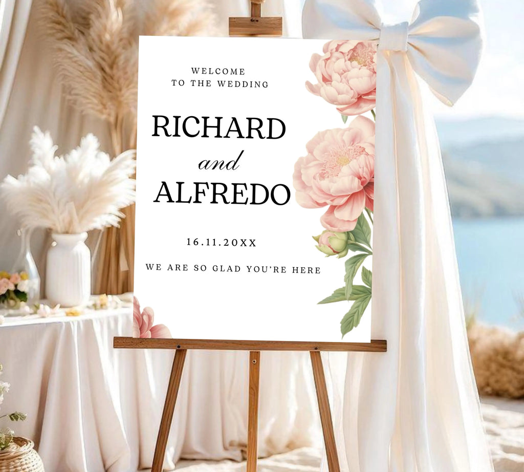 Editable Peony Wedding Welcome Sign Template, Pink Welcome Poster, Printable Peonies Wedding Welcome Board, Welcome Wedding Sign Download