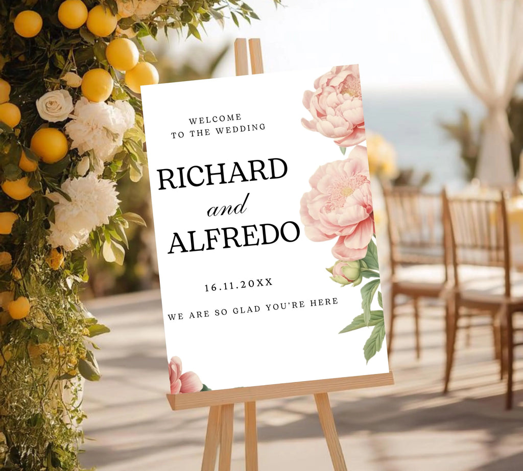 Editable Peony Wedding Welcome Sign Template, Pink Welcome Poster, Printable Peonies Wedding Welcome Board, Welcome Wedding Sign Download