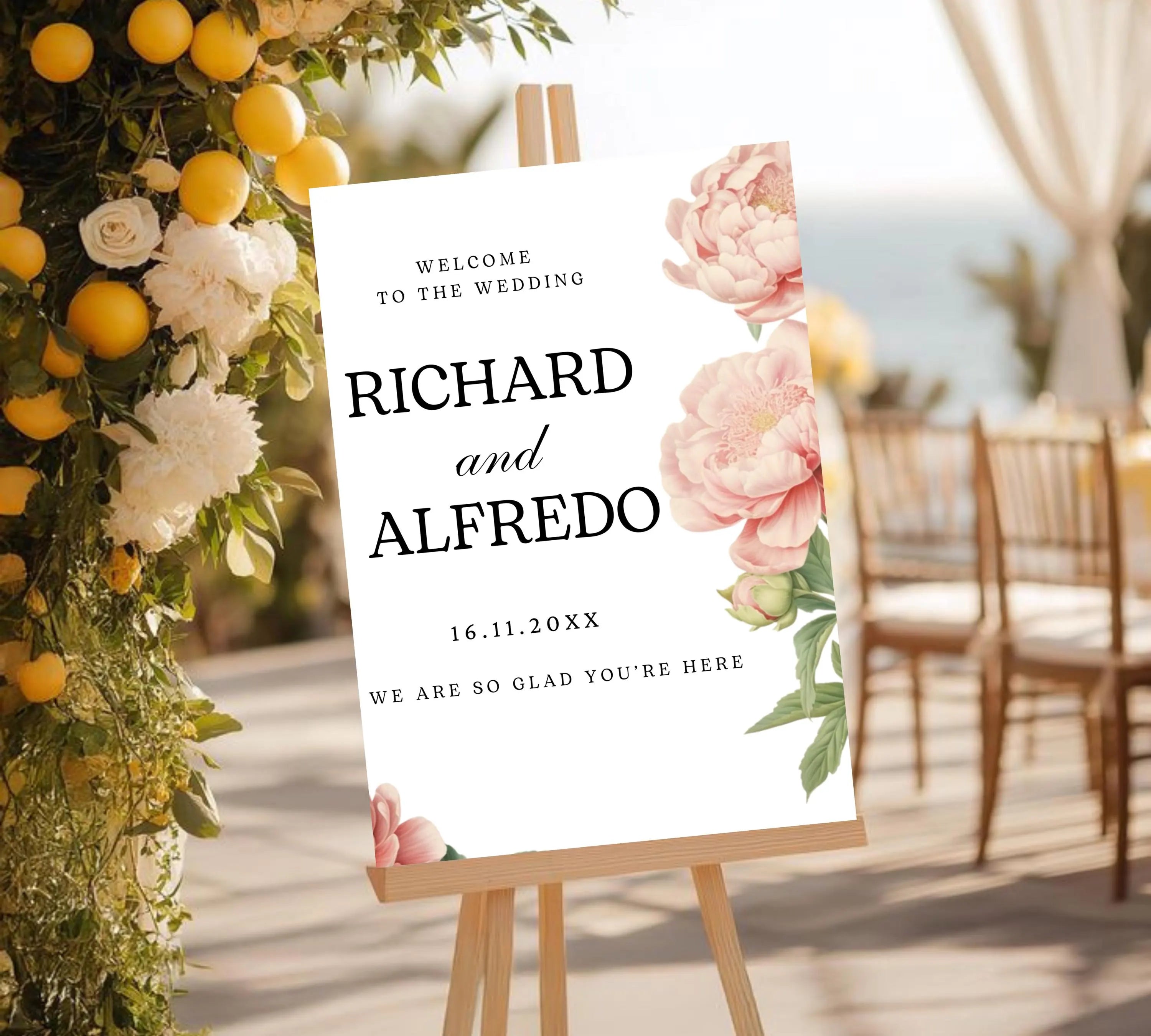 Editable Peony Wedding Welcome Sign Template, Pink Welcome Poster, Printable Peonies Wedding Welcome Board, Welcome Wedding Sign Download