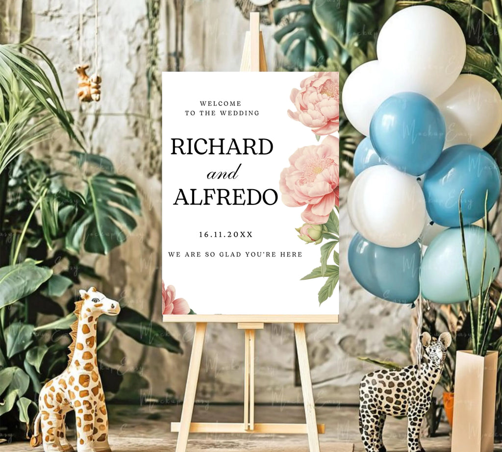 Editable Peony Wedding Welcome Sign Template, Pink Welcome Poster, Printable Peonies Wedding Welcome Board, Welcome Wedding Sign Download