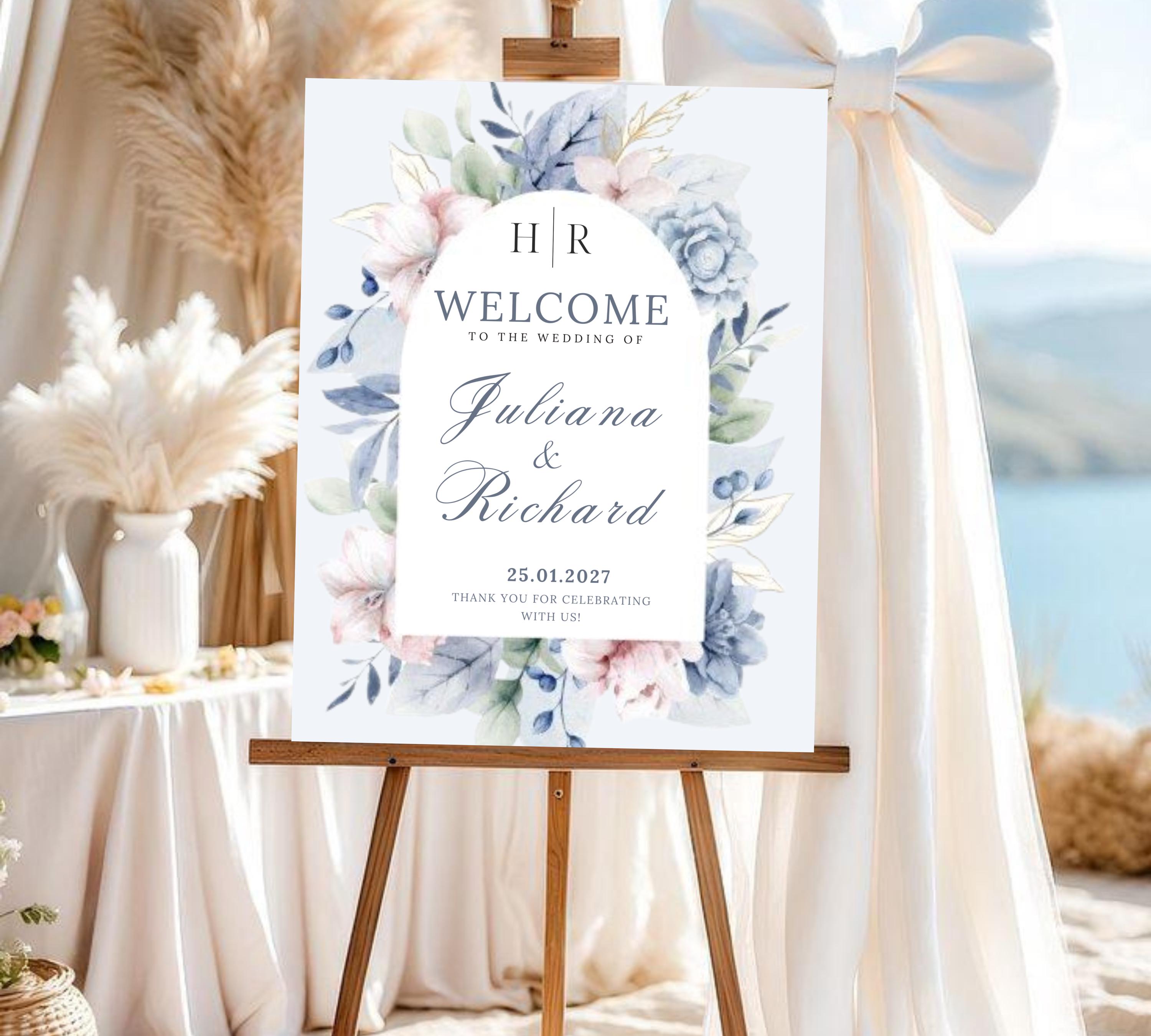 Dusty blue floral Wedding welcome sign, blue flower Welcome Wedding Sign Template, Blue flower welcome Sign, Vintage flower Wedding Sign