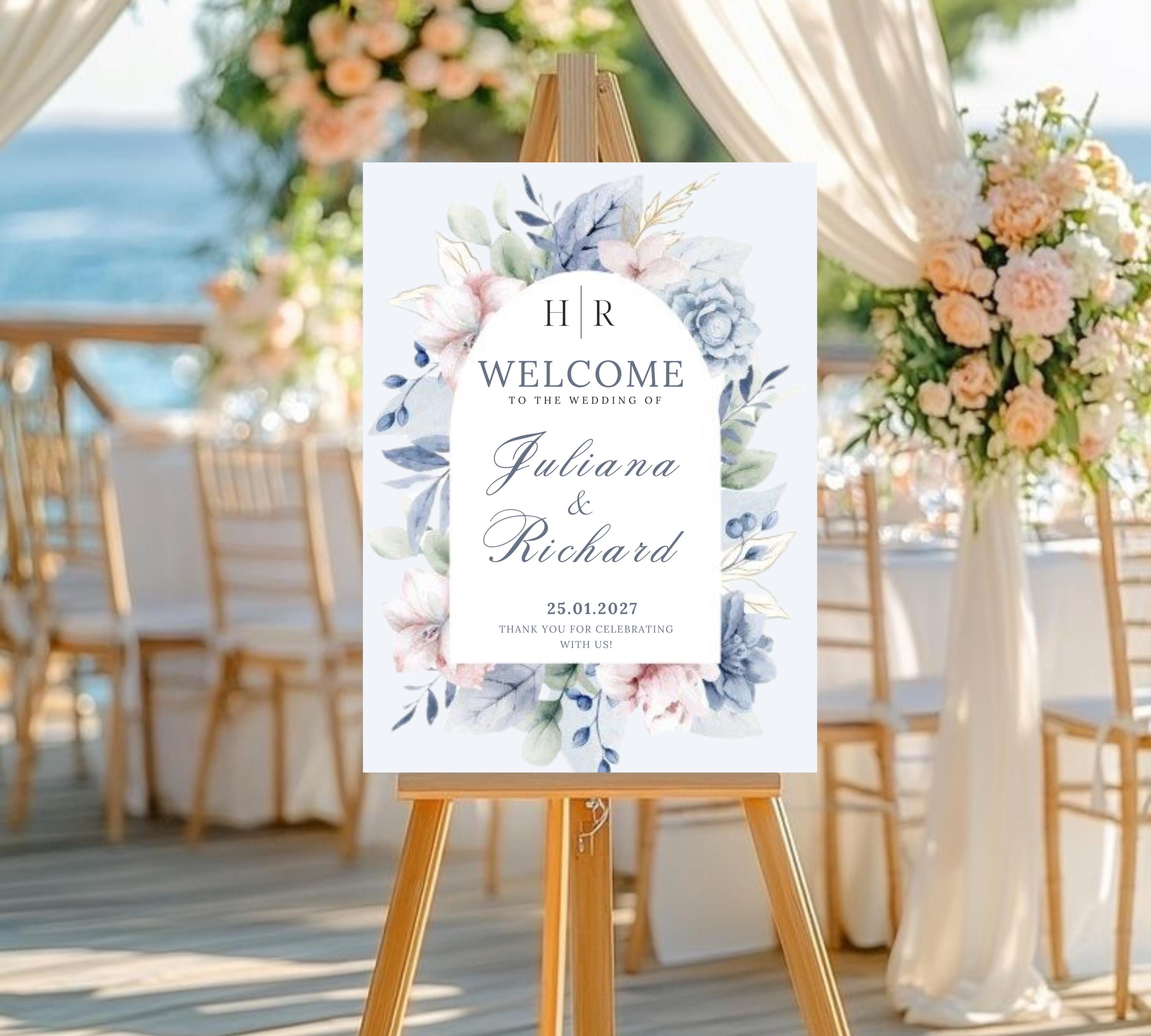 Dusty blue floral Wedding welcome sign, blue flower Welcome Wedding Sign Template, Blue flower welcome Sign, Vintage flower Wedding Sign