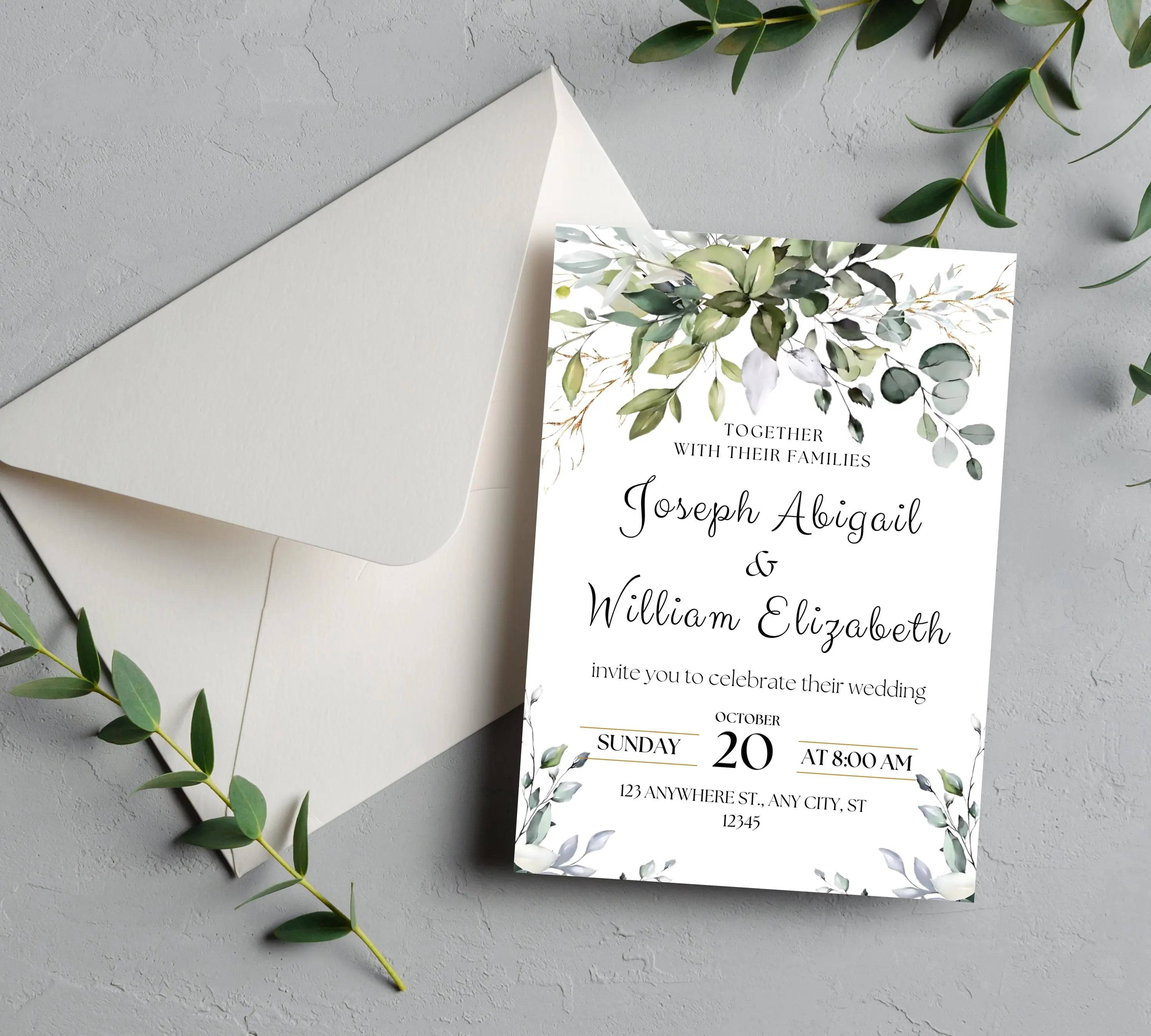 Classic White and Green Wedding Invitation Template Set, Minimalist Garden Invite Suite, Elegant winter wedding invitation bundle