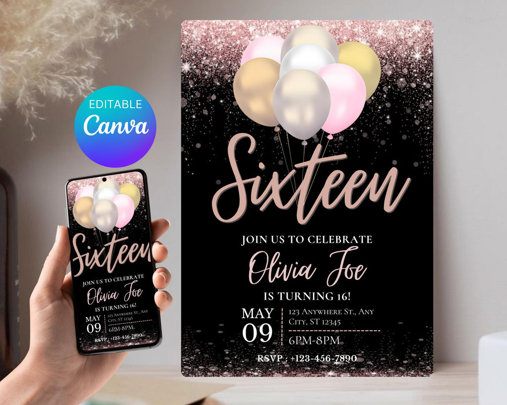 Editable Black Rose Gold Birthday Party Invitation, Rose Gold Balloons, Teenager Birthday Invitation, Editable Template, Instant Download