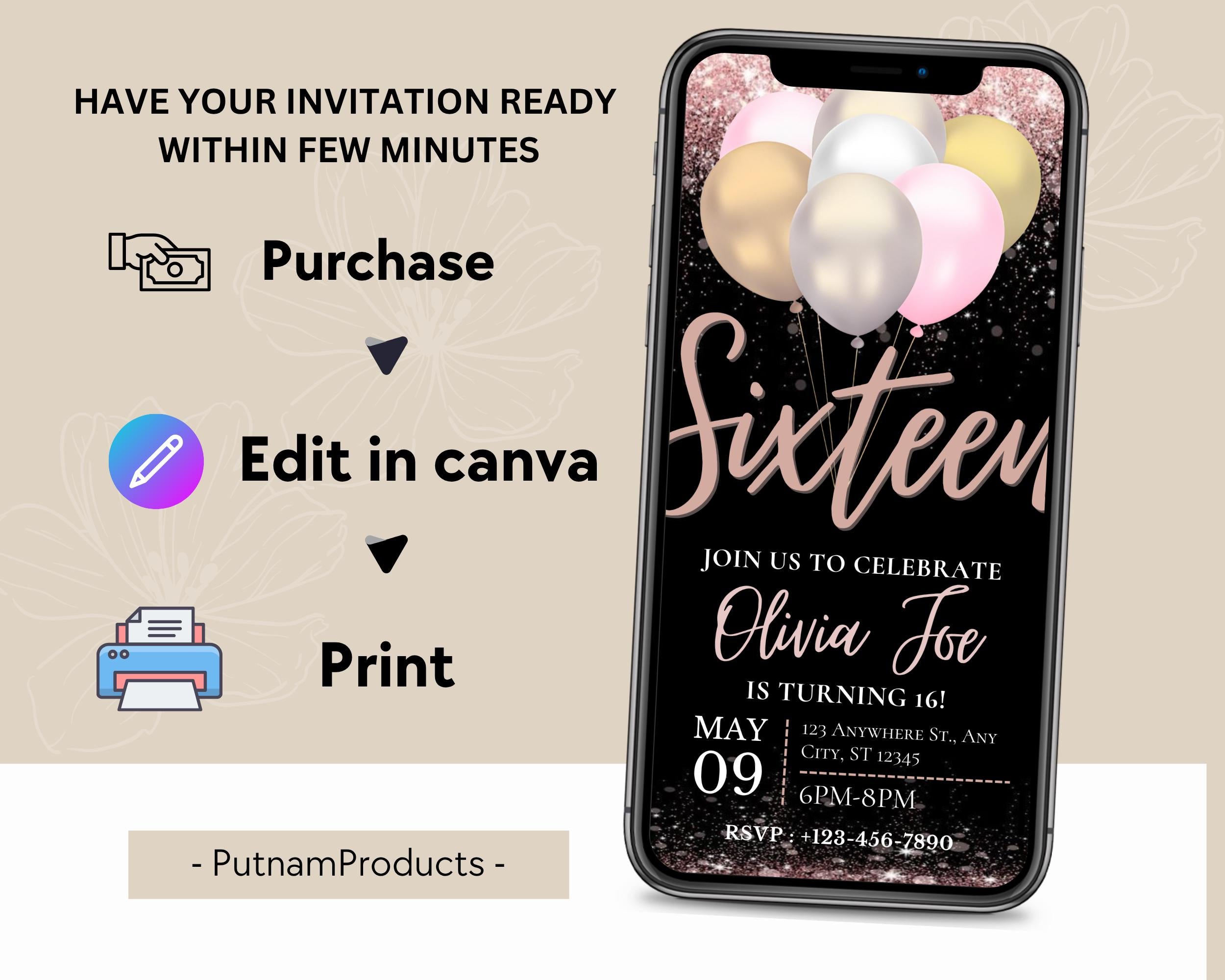 Editable Black Rose Gold Birthday Party Invitation, Rose Gold Balloons, Teenager Birthday Invitation, Editable Template, Instant Download