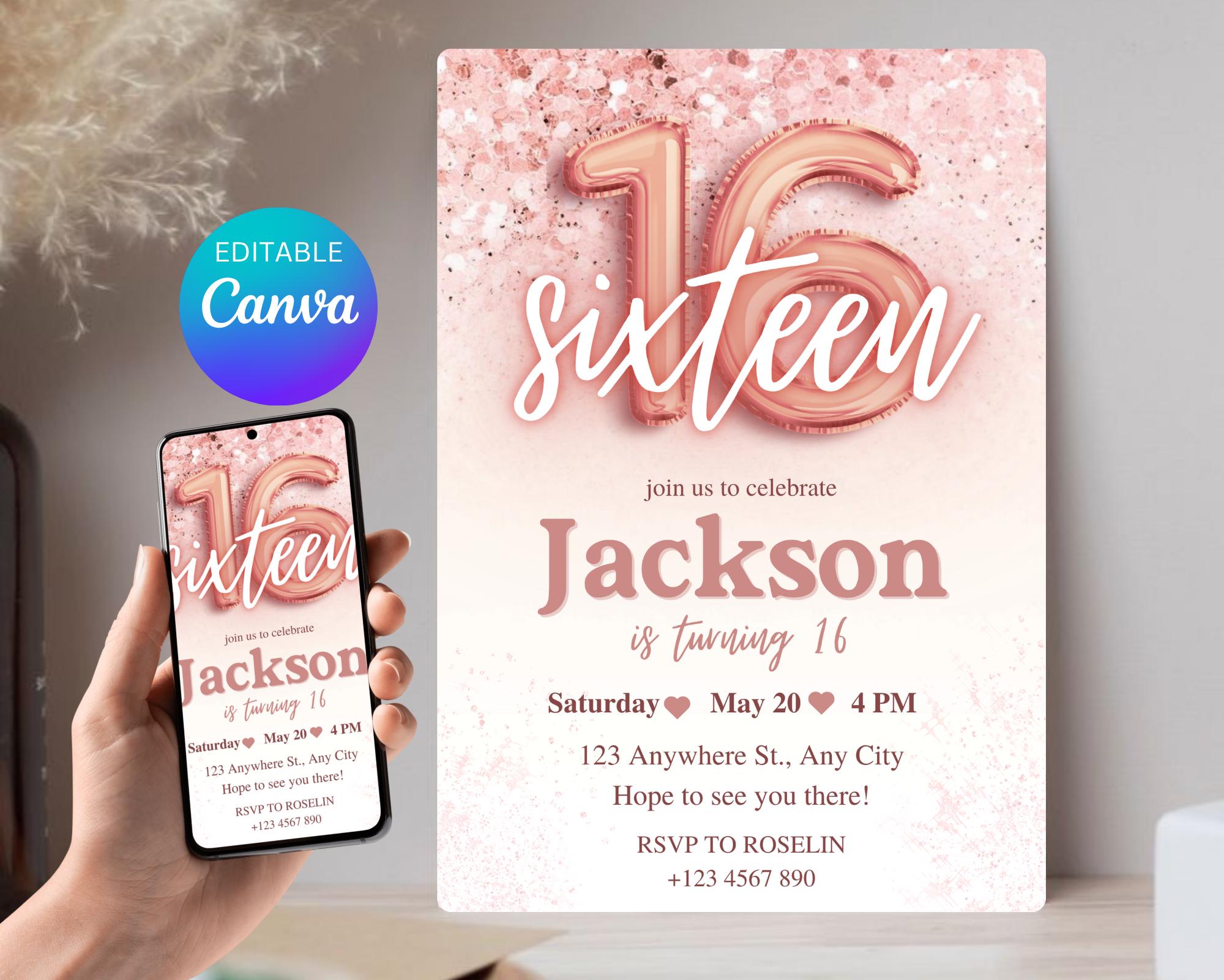 Rose Gold Glitter 16th Birthday Invitation, Editable Birthday Invite for 16 year old Birthday Party, Minimal Sixteenth Bday Invite