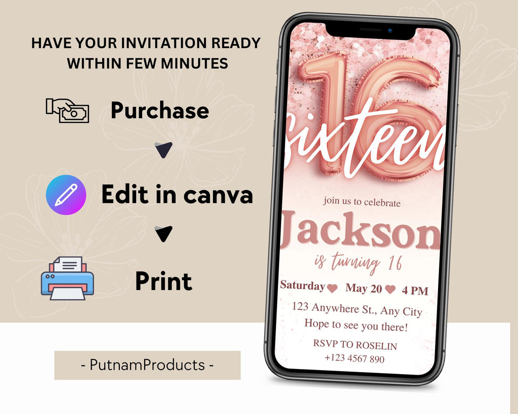 Rose Gold Glitter 16th Birthday Invitation, Editable Birthday Invite for 16 year old Birthday Party, Minimal Sixteenth Bday Invite