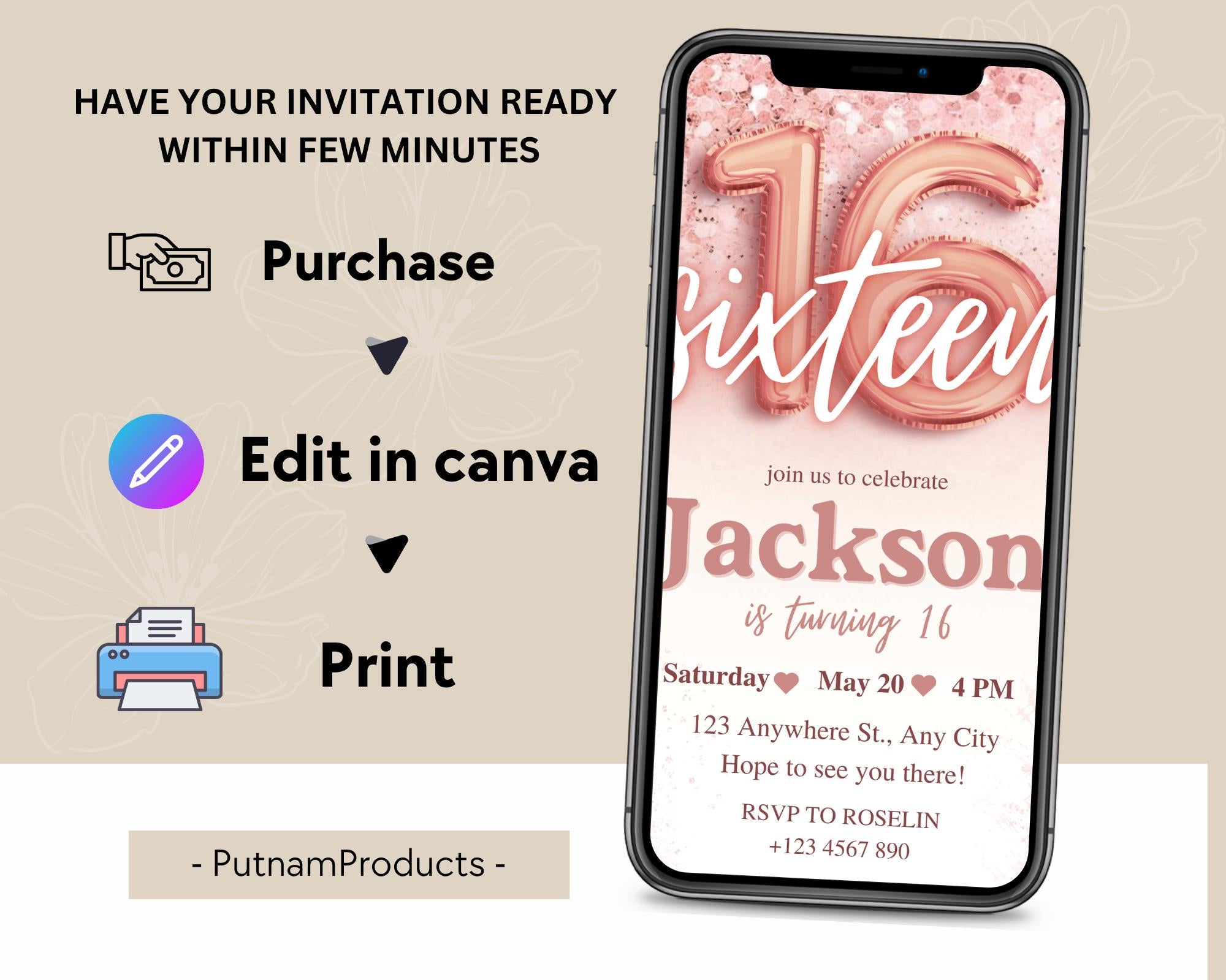 Rose Gold Glitter 16th Birthday Invitation, Editable Birthday Invite for 16 year old Birthday Party, Minimal Sixteenth Bday Invite