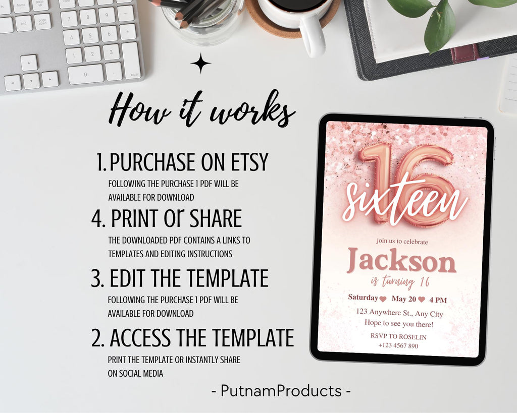 Rose Gold Glitter 16th Birthday Invitation, Editable Birthday Invite for 16 year old Birthday Party, Minimal Sixteenth Bday Invite