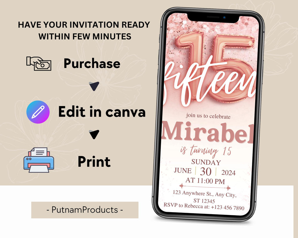 Rose Gold Glitter 15th Birthday Invitation, Editable Birthday Invite for 15 year old Birthday Party, Minimal Fifteenth Bday Invite