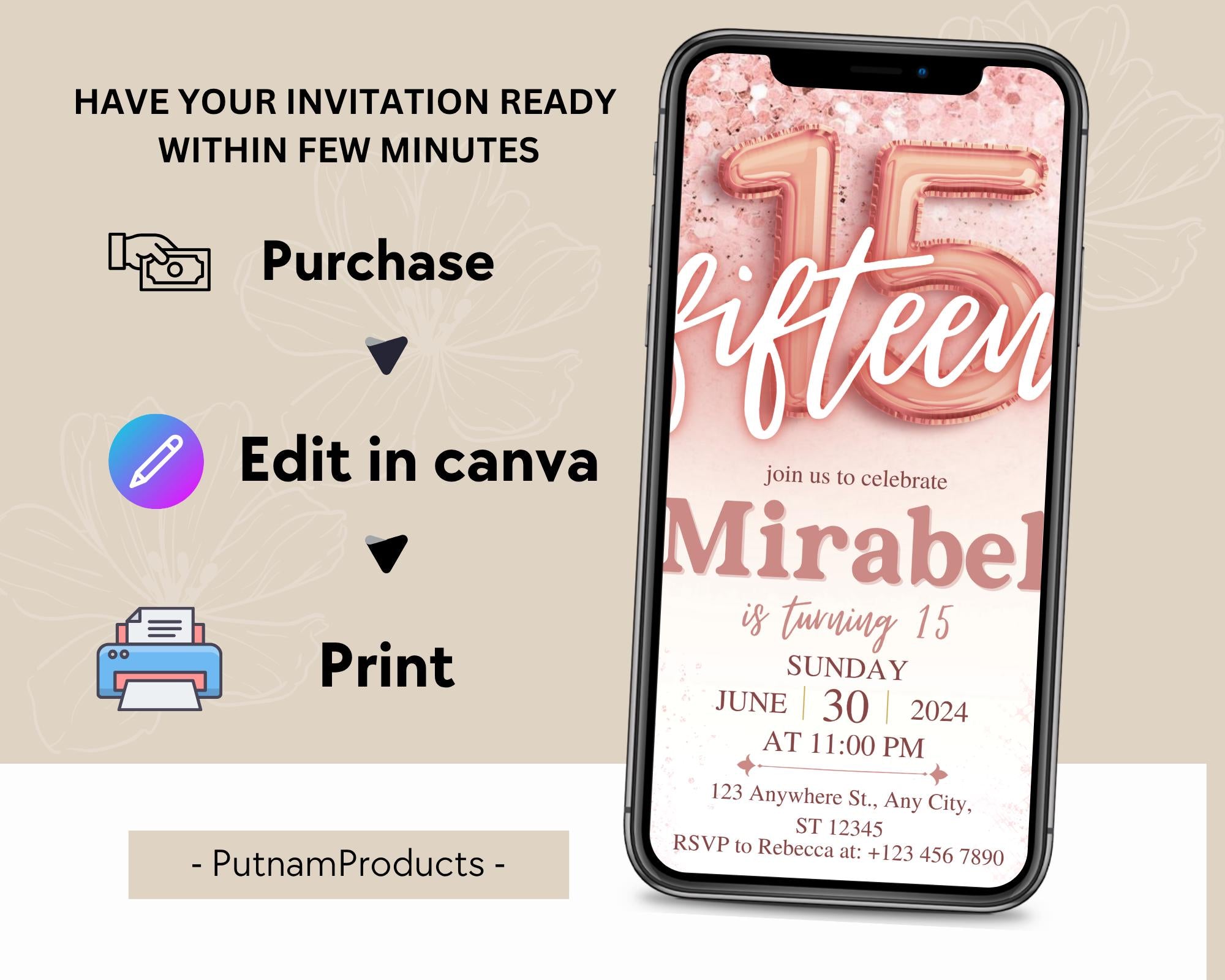 Rose Gold Glitter 15th Birthday Invitation, Editable Birthday Invite for 15 year old Birthday Party, Minimal Fifteenth Bday Invite