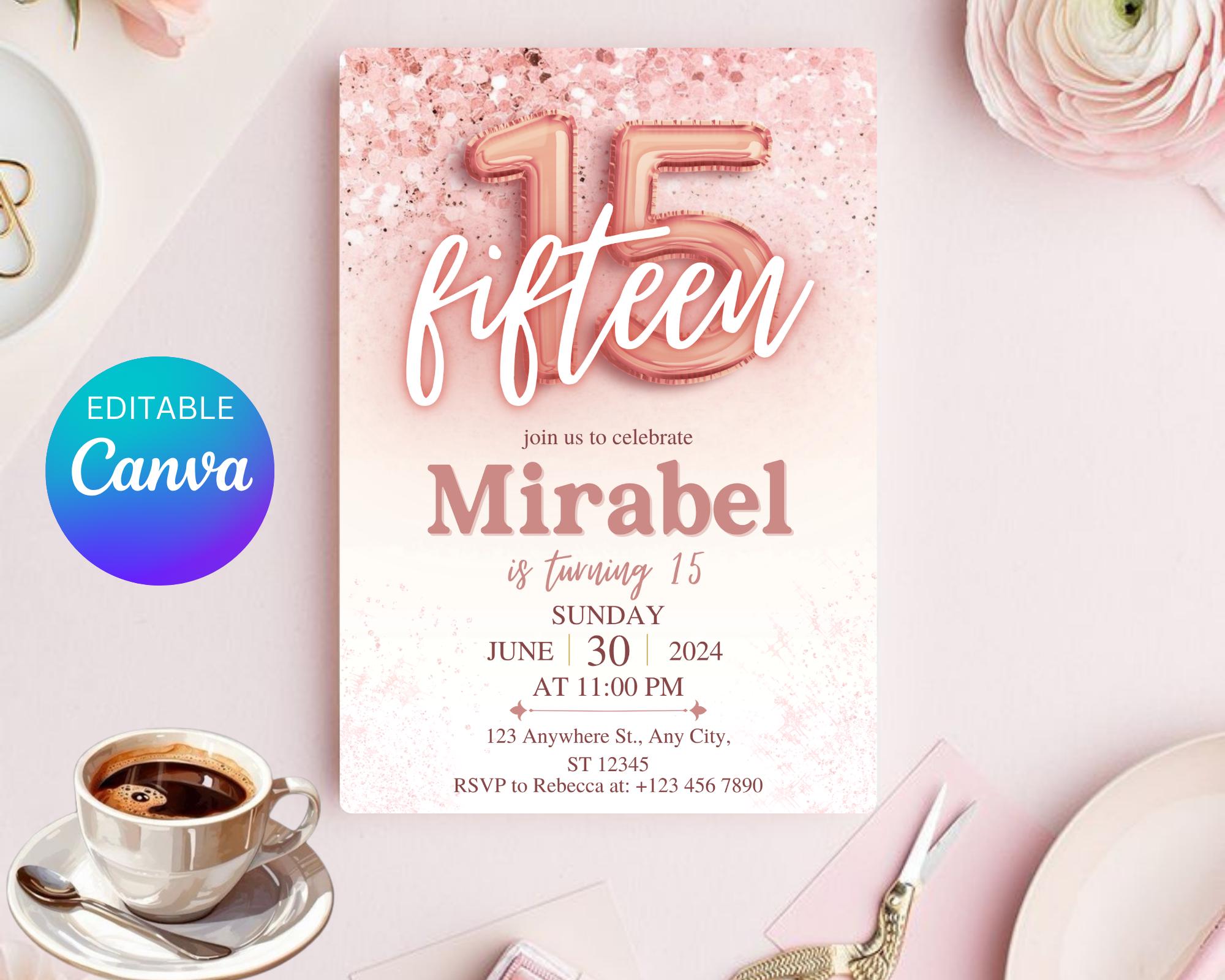 Rose Gold Glitter 15th Birthday Invitation, Editable Birthday Invite for 15 year old Birthday Party, Minimal Fifteenth Bday Invite