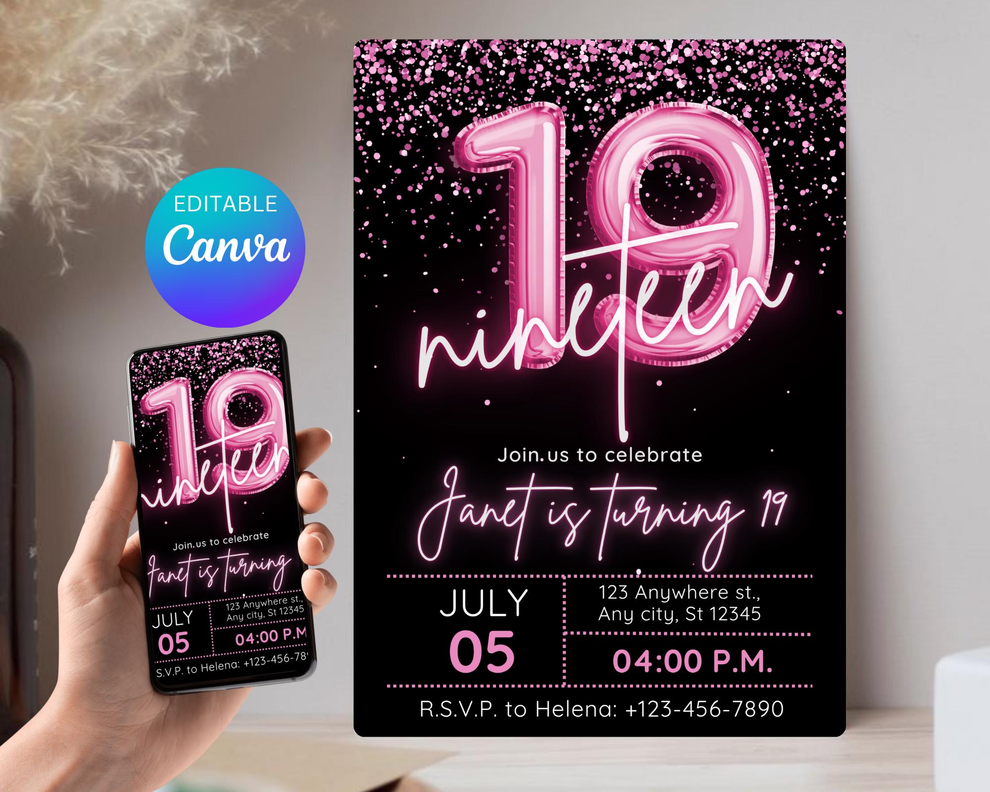 Editable Pink Balloon 19th Birthday Invitation Template for Girls, Printable Pink Confetti Girls Invites, Teenager Birthday Party Invitation