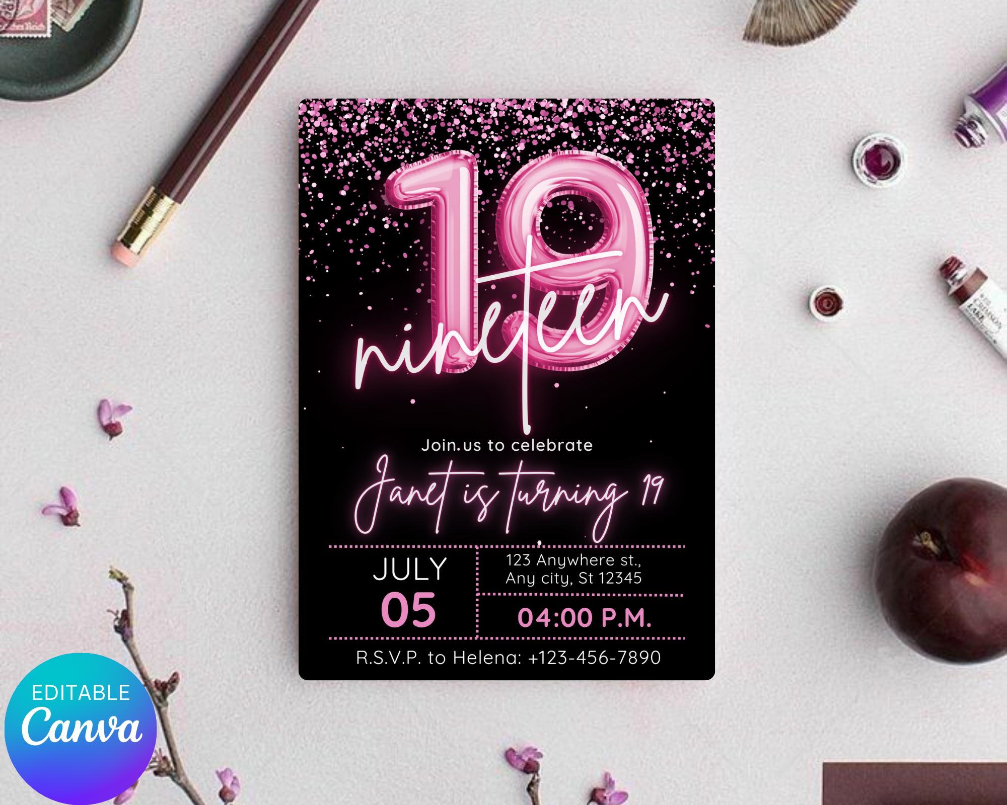 Editable Pink Balloon 19th Birthday Invitation Template for Girls, Printable Pink Confetti Girls Invites, Teenager Birthday Party Invitation