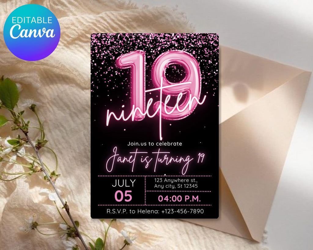 Editable Pink Balloon 19th Birthday Invitation Template for Girls, Printable Pink Confetti Girls Invites, Teenager Birthday Party Invitation