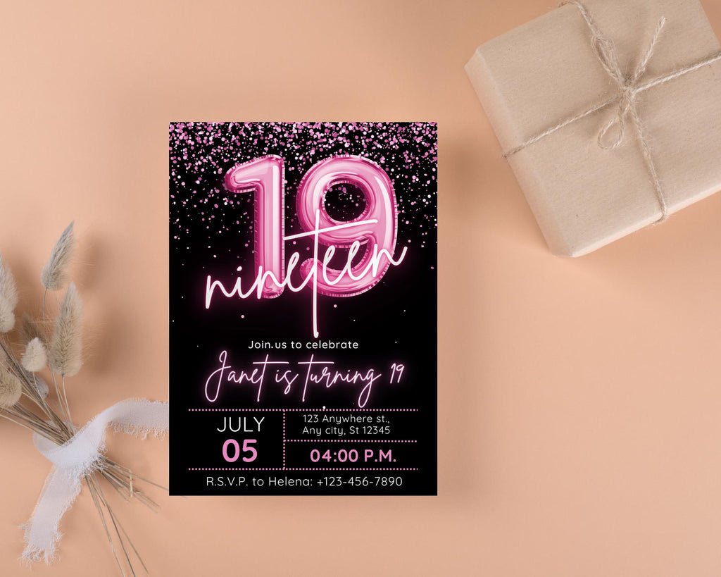 Editable Pink Balloon 19th Birthday Invitation Template for Girls, Printable Pink Confetti Girls Invites, Teenager Birthday Party Invitation