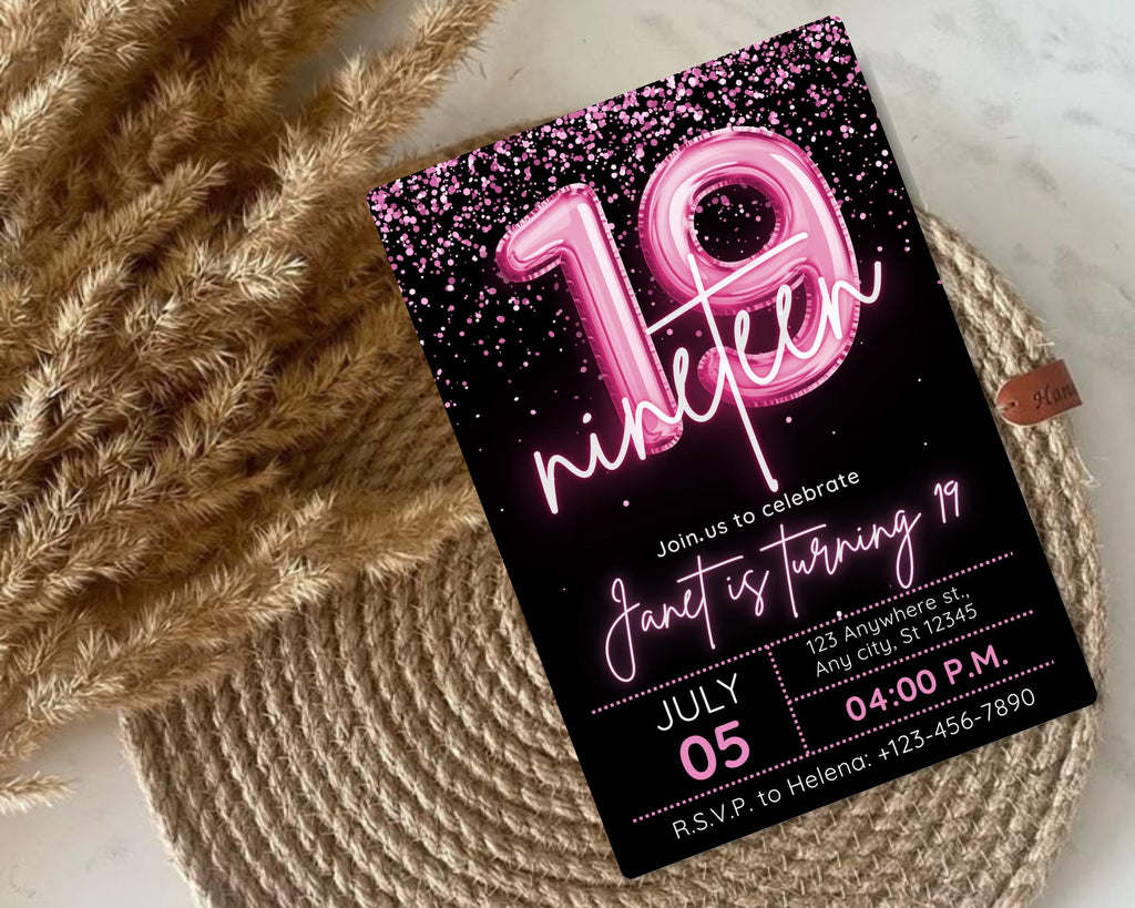 Editable Pink Balloon 19th Birthday Invitation Template for Girls, Printable Pink Confetti Girls Invites, Teenager Birthday Party Invitation