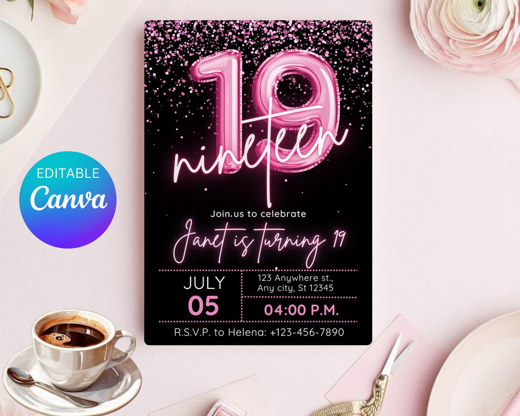 Editable Pink Balloon 19th Birthday Invitation Template for Girls, Printable Pink Confetti Girls Invites, Teenager Birthday Party Invitation