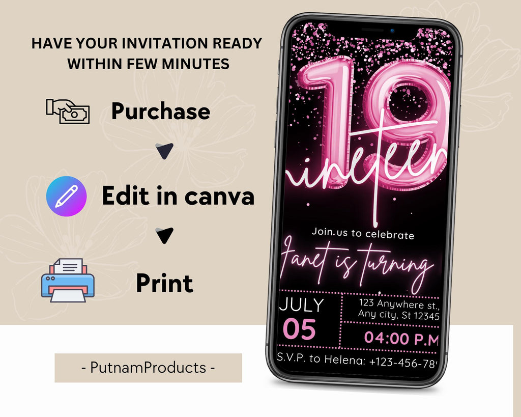 Editable Pink Balloon 19th Birthday Invitation Template for Girls, Printable Pink Confetti Girls Invites, Teenager Birthday Party Invitation