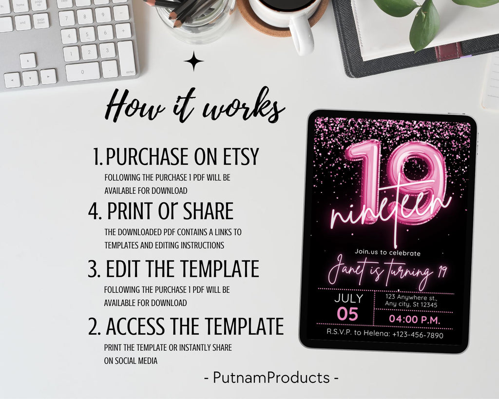 Editable Pink Balloon 19th Birthday Invitation Template for Girls, Printable Pink Confetti Girls Invites, Teenager Birthday Party Invitation