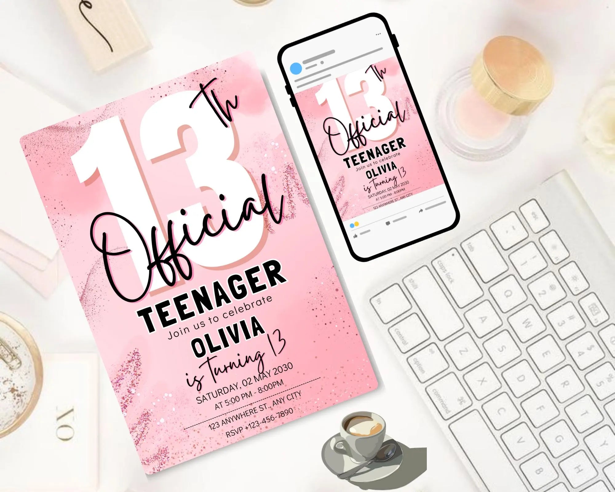 Editable 13th Birthday Invitation, Finally a Teenager, Pink and Black Invitation, Girl Invite, 13th Party Invitations, Instant Download