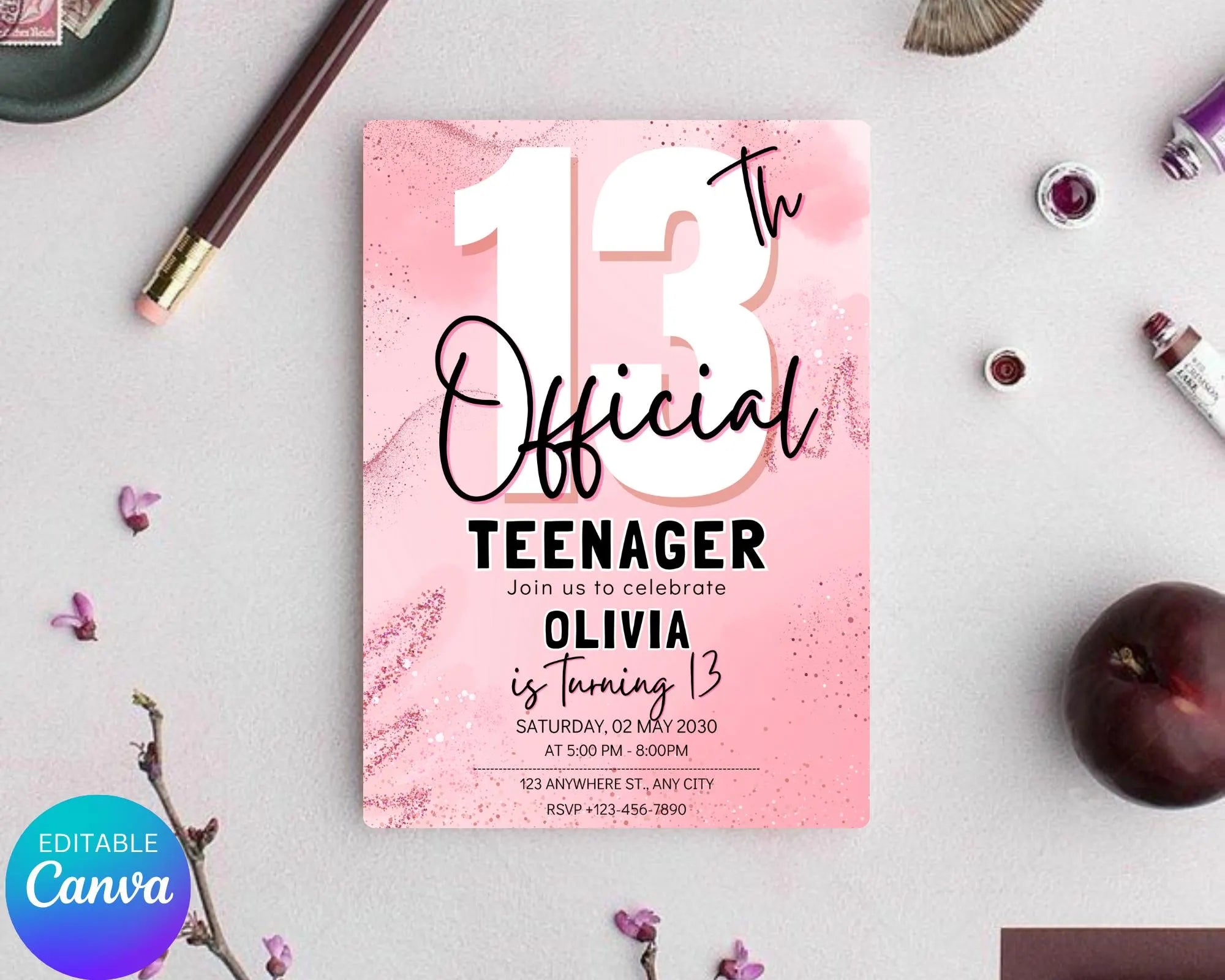 Editable 13th Birthday Invitation, Finally a Teenager, Pink and Black Invitation, Girl Invite, 13th Party Invitations, Instant Download